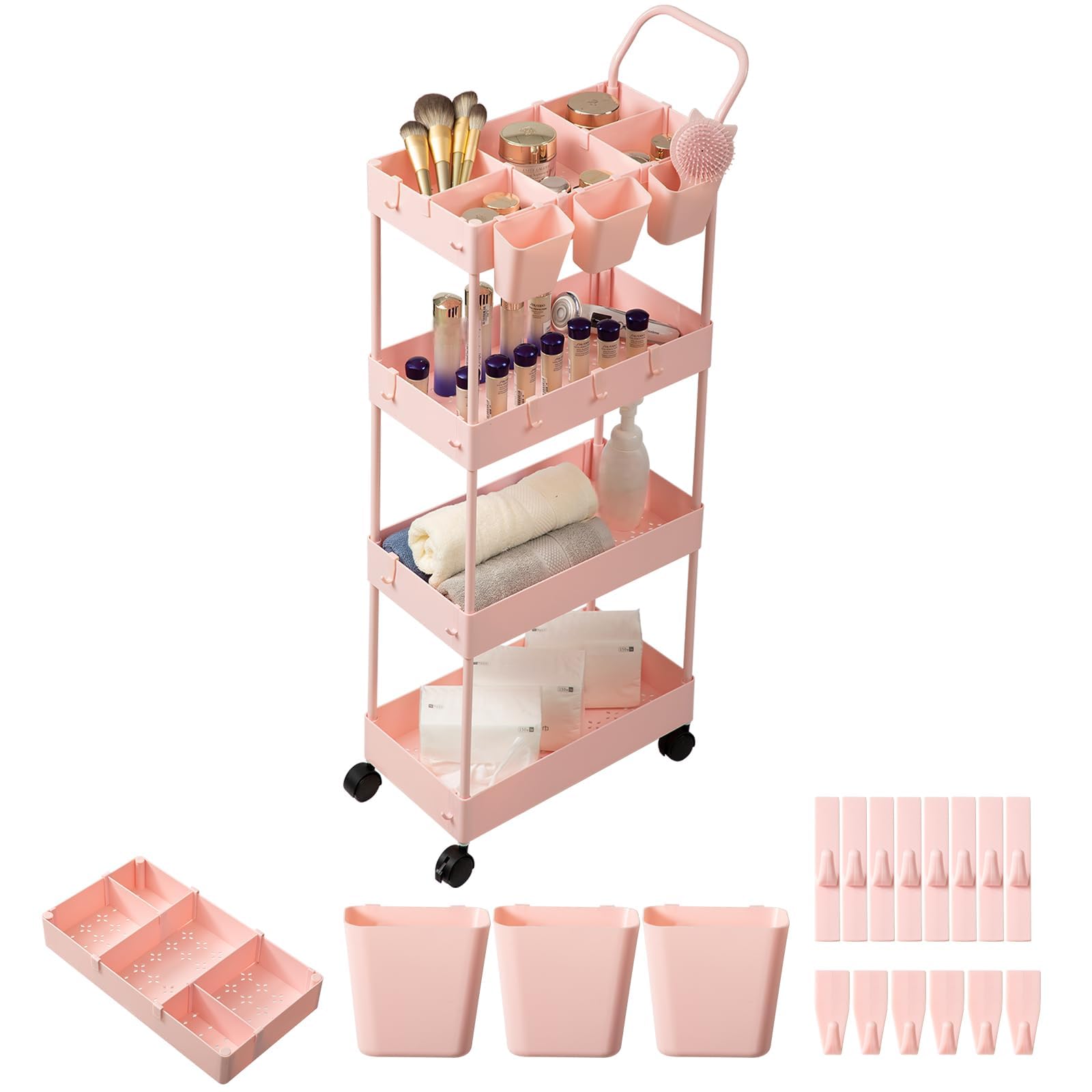 Danpinera 4-Tier Pink Slim Storage Cart, Narrow Laundry Cart with Wheels, Dividers, Hanging Cups, Hooks, Easy Assembly