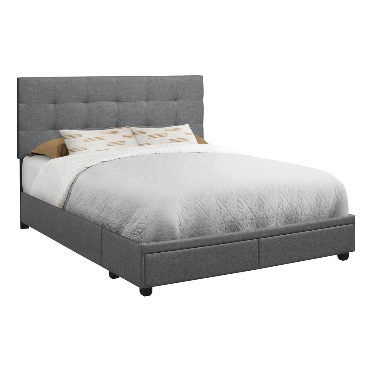 Monarch Specialties I 6022Q Bed, Queen Size, Platform, Bedroom, Frame, Upholstered, Linen Look, Wood Legs, Grey, Transitional