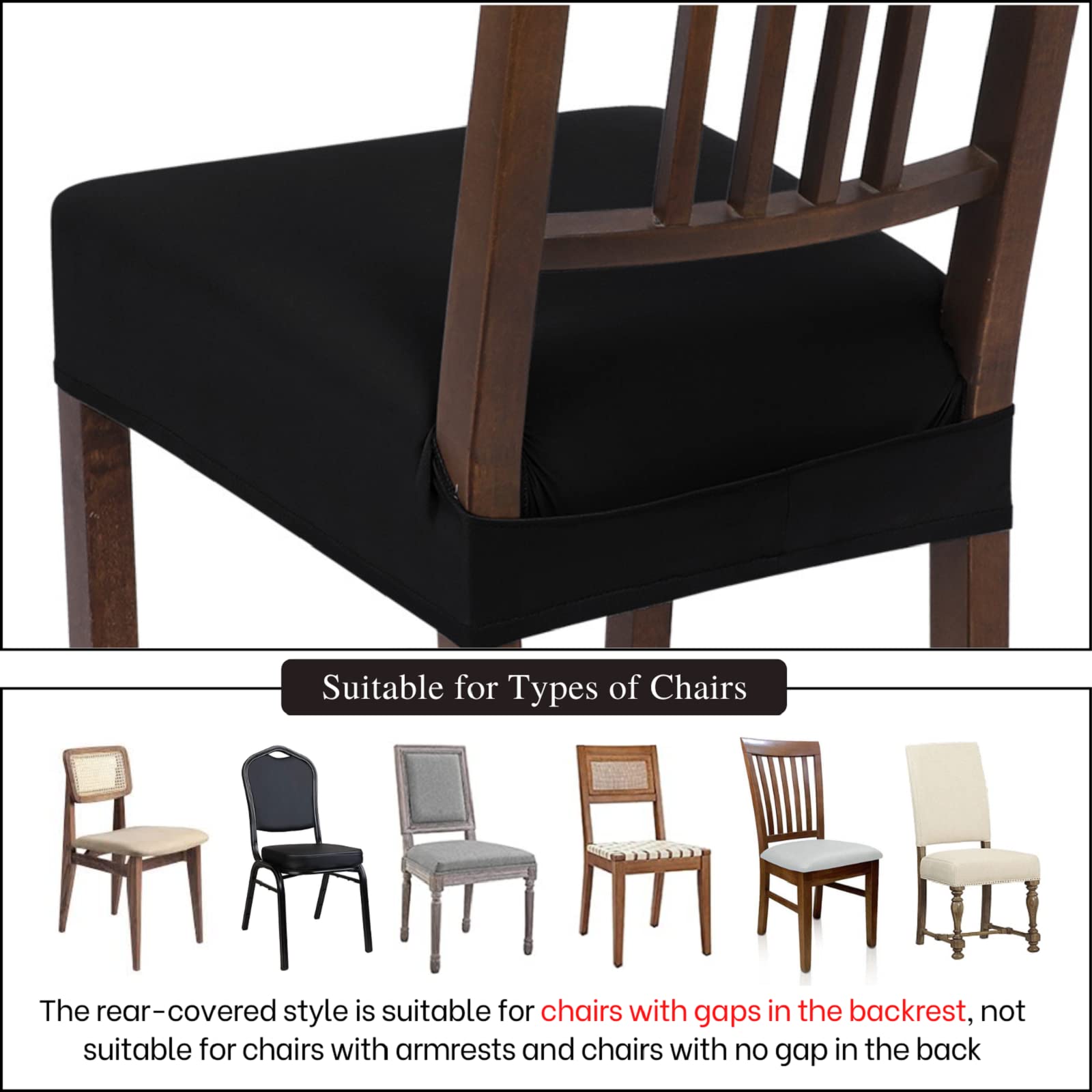 Searchi Stretch Dining Chair Seat Covers Set Of 6, Soft Removable Washable Seat Covers For Dining Chairs, Dining Room Seat Cover Protector (Rear-Covered, Pure Black)