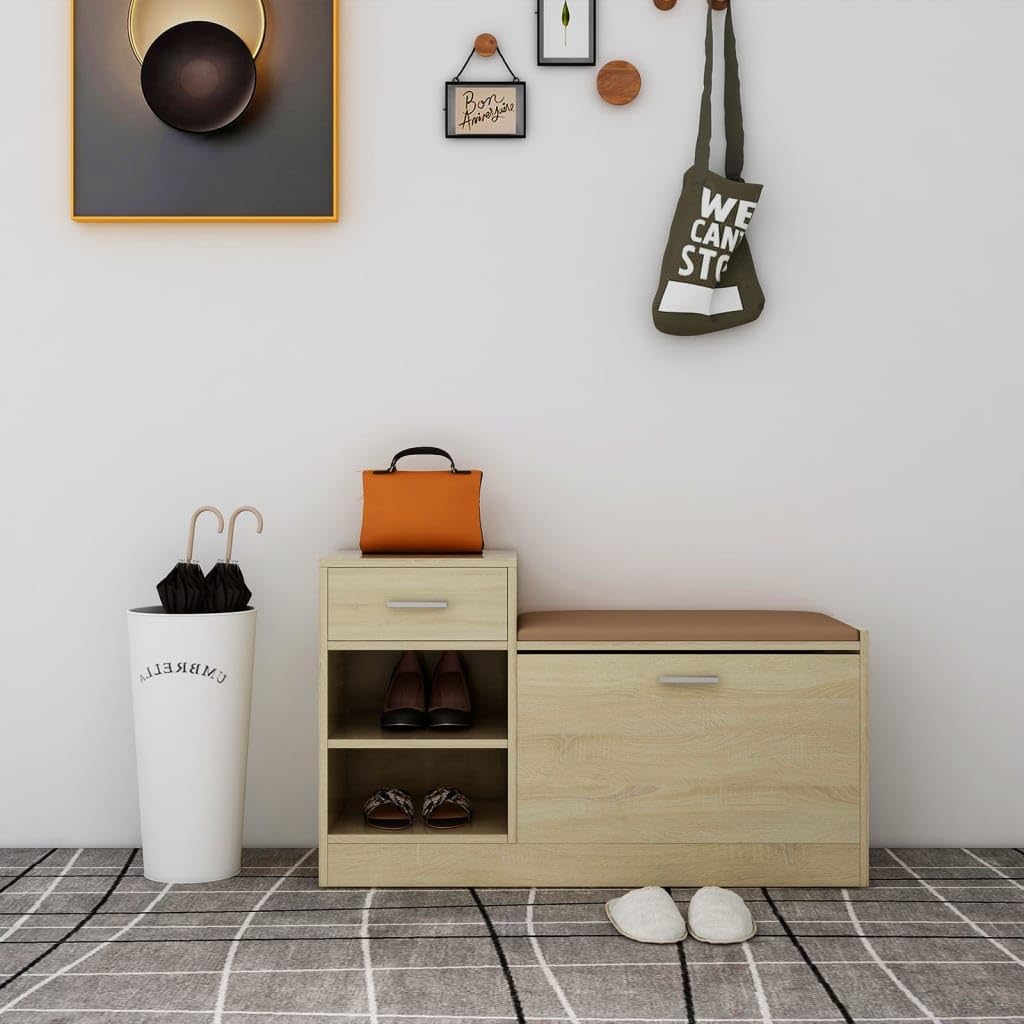 vidaXL Shoe Bench - Modern-Styled Sonoma Oak with Faux Leather Seat - Engineered Wood and MDF - Ideal Hallway or Entrance Furniture - Size 37.2''x12.2''x22.4'
