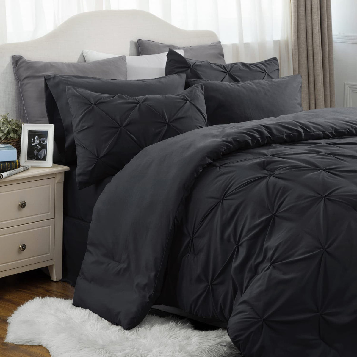 Bedsure California King Comforter Set - Cal King Bed Set 7 Pieces, Pinch Pleat Black Cali King Bedding Set With Comforter, Sheet