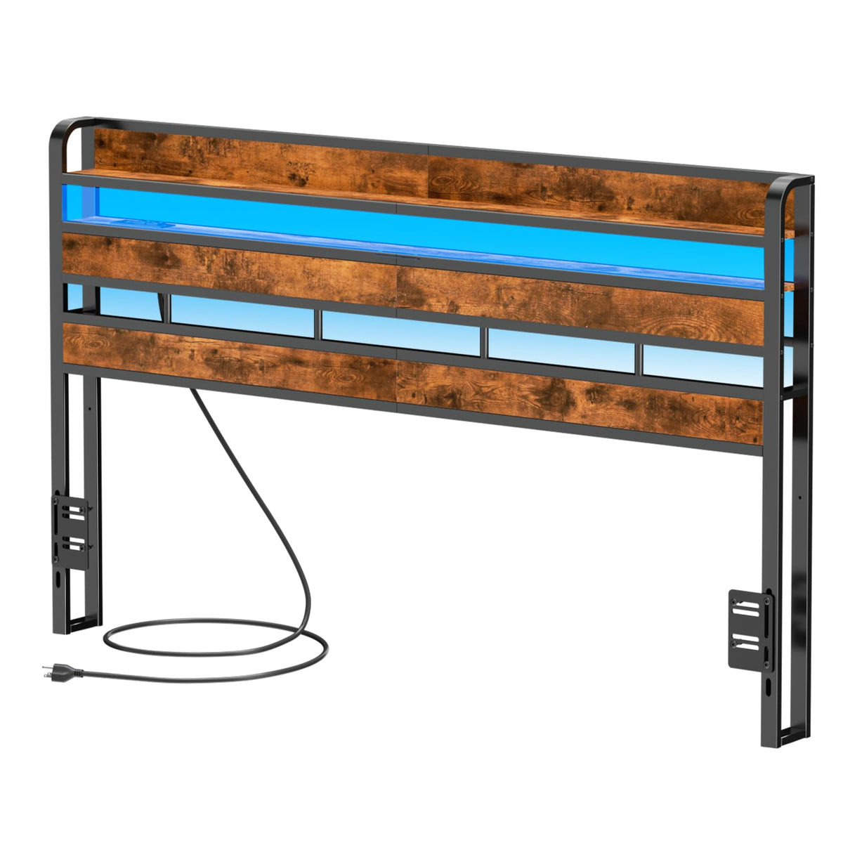 Furnulem King Size Headboard, Height Adjustable Headboards With 2 Outlets And 2 Usb Ports, Sturdy Stable King Bed Headboard Upgraded 2 Tier Storage Rack Easy Assemble King Headboards, Rustic Brown
