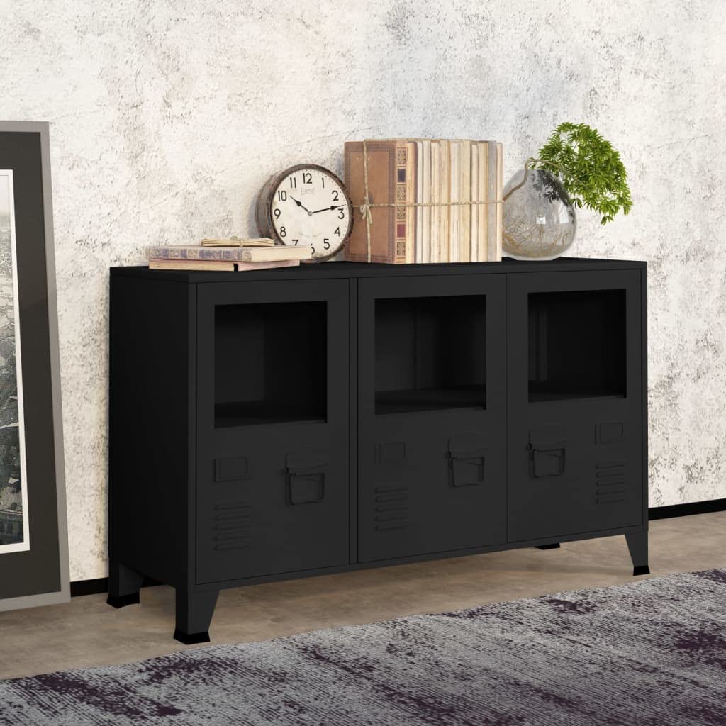 vidaXL Industrial Sideboard - Sleek Black Metal and Glass Design, Durable Construction, Ample Compartments for Storage and Display, Functional Air Vents and Name-Tag Holders on Doors