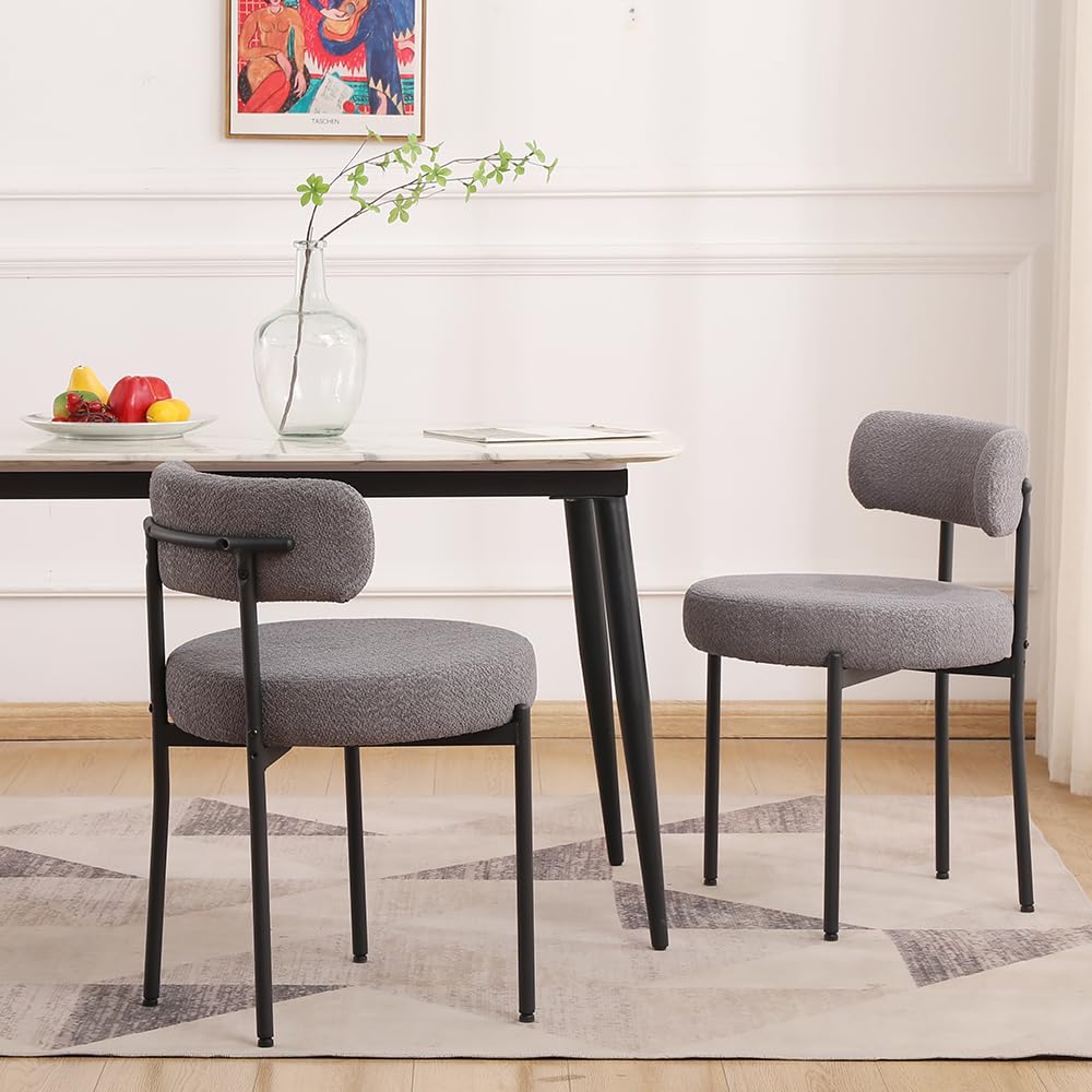 Edwell Boucle Dining Chairs Set Of 2, Modern Kitchen Dining Room Chairs With Metal Legs, Dark Grey Round Upholstered Curved Back
