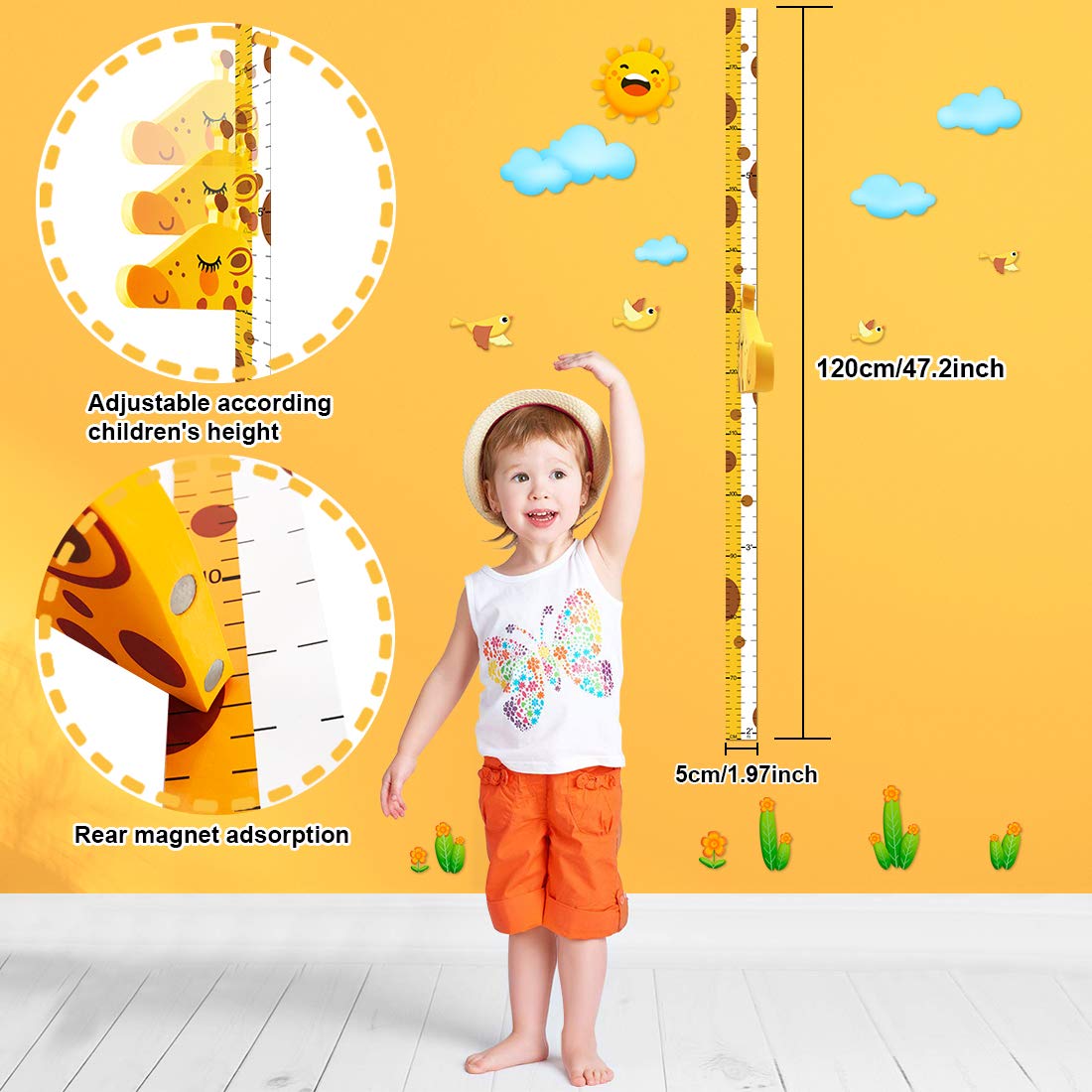 Baby Height Growth Chart Ruler For Kids Room Decor,3D Movable Giraffe Height Ruler Nursery Animal Wall Decals