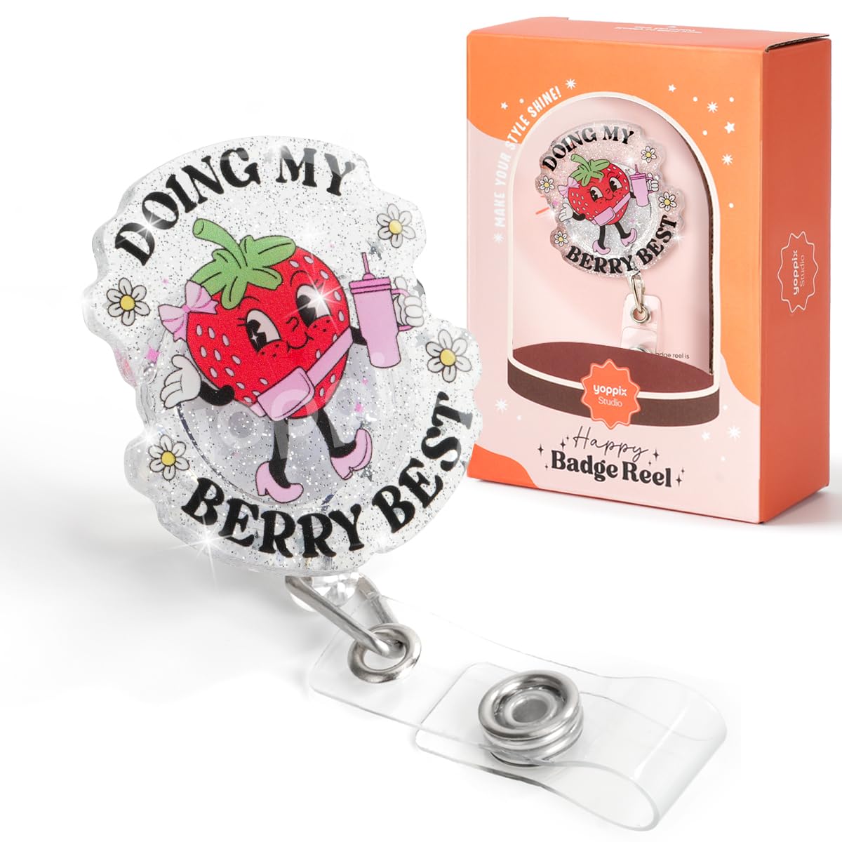 Yoppix Doing My Berry Best Badge Reel, Mental Health Funny Sparkly Glitter Retractable Badge Reel For Nurses Rn En Doctor Parame