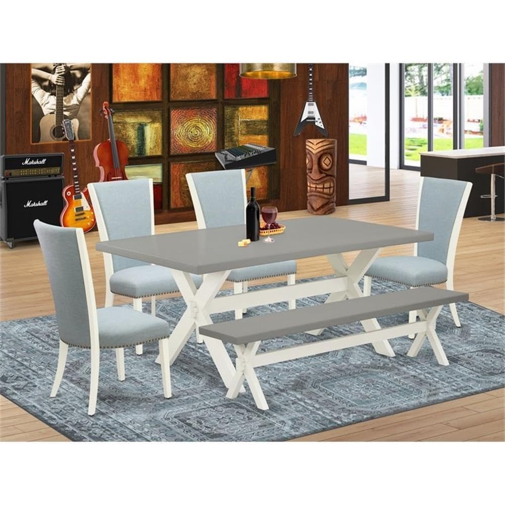 East West Furniture X097VE215-6 6 Piece Kitchen Table Set Contains a Rectangle Dining Table with X-Legs and 4 Baby Blue Linen Fabric Parson Chairs with a Bench, 40x72 Inch, Multi-Color