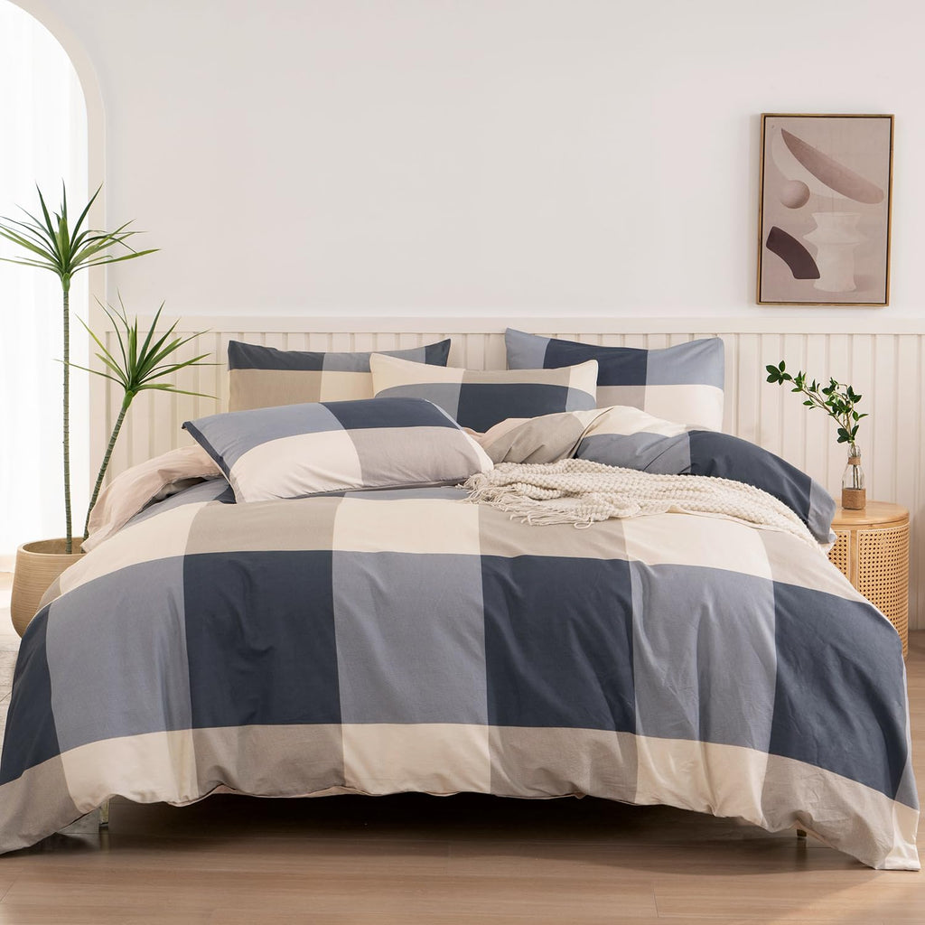 Plaid Duvet Cover King, 3 Pieces Reversible Cotton Plaid Bedding Set, Vintage Style Checkered Pattern King Duvet Cover Set Plaid