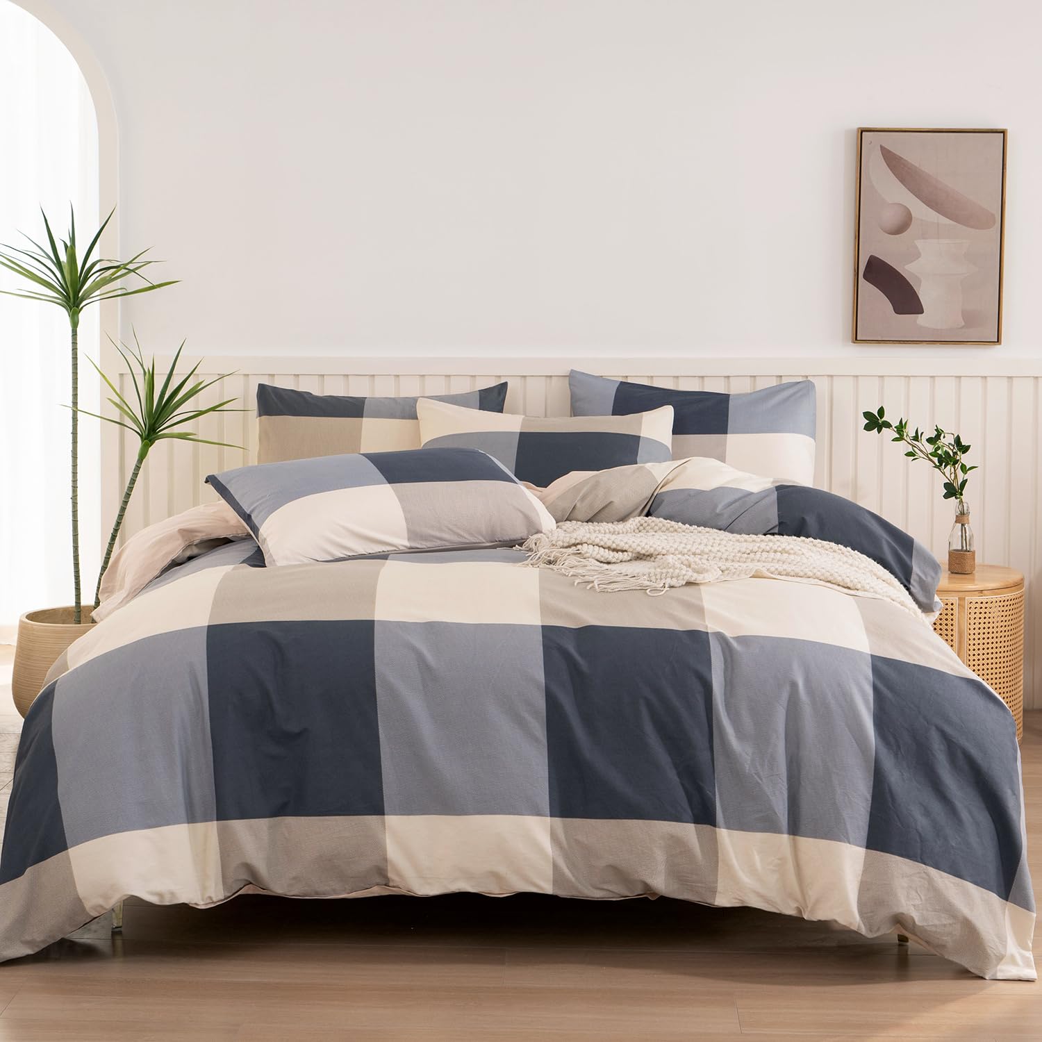 Plaid Duvet Cover King, 3 Pieces Reversible Cotton Plaid Bedding Set, Vintage Style Checkered Pattern King Duvet Cover Set Plaid