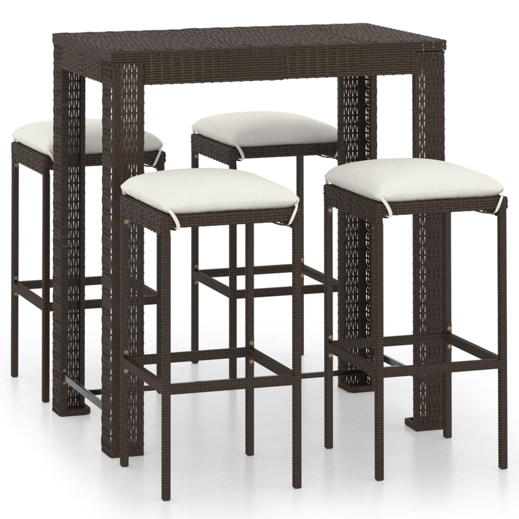 vidaXL Patio Bar Set - 5 Piece Outdoor Dining Set with Cushions - Weather-Resistant Poly Rattan Furniture - Brown - Ideal for Poolside, Garden, Balcony - Table and Stools Included