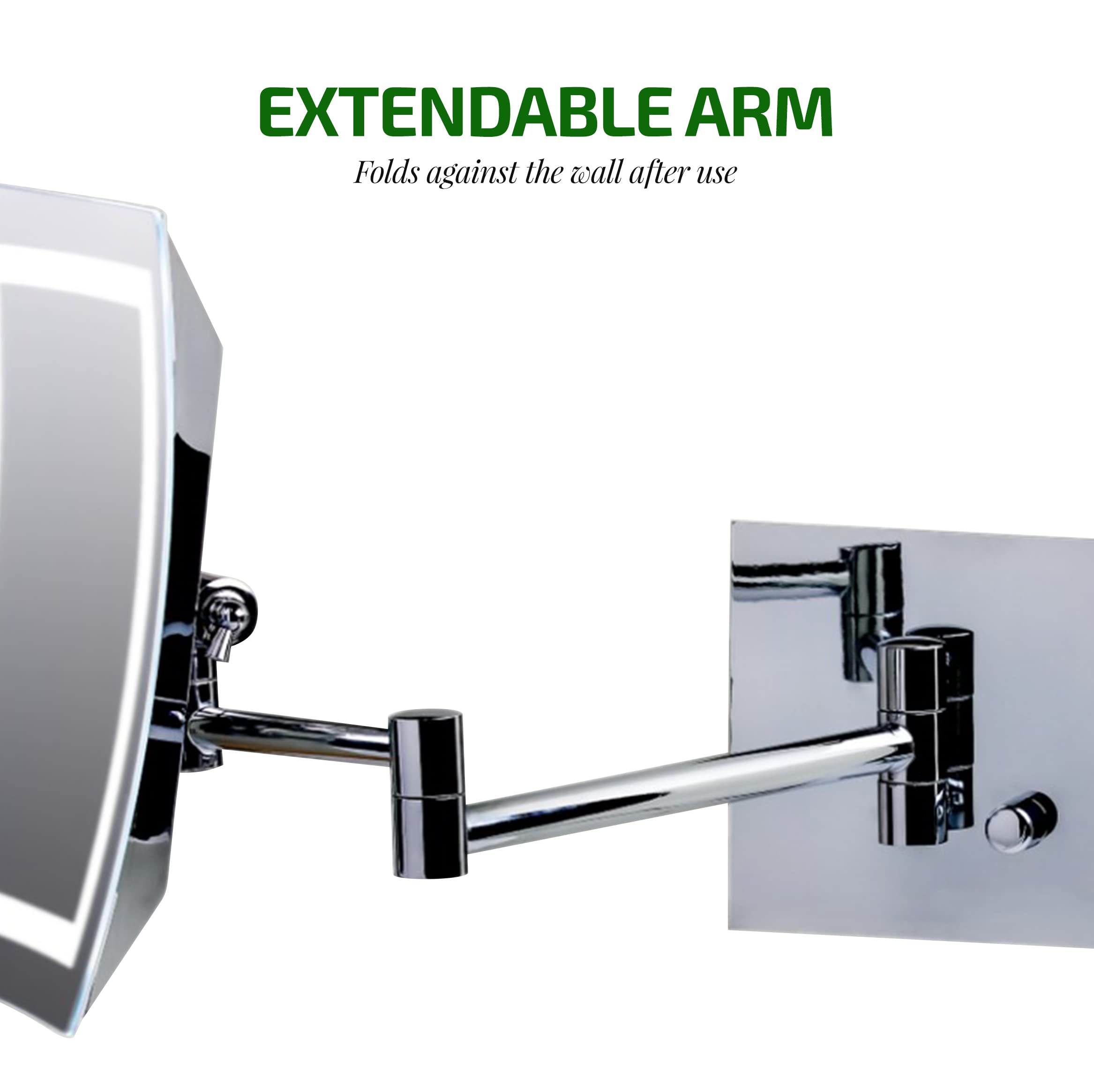 Ovente 7' Lighted Wall Mount Makeup Mirror, 7X Magnifier, Square White Led W/Dimmer Switch, One Sided Adjustable, Extend & Fold