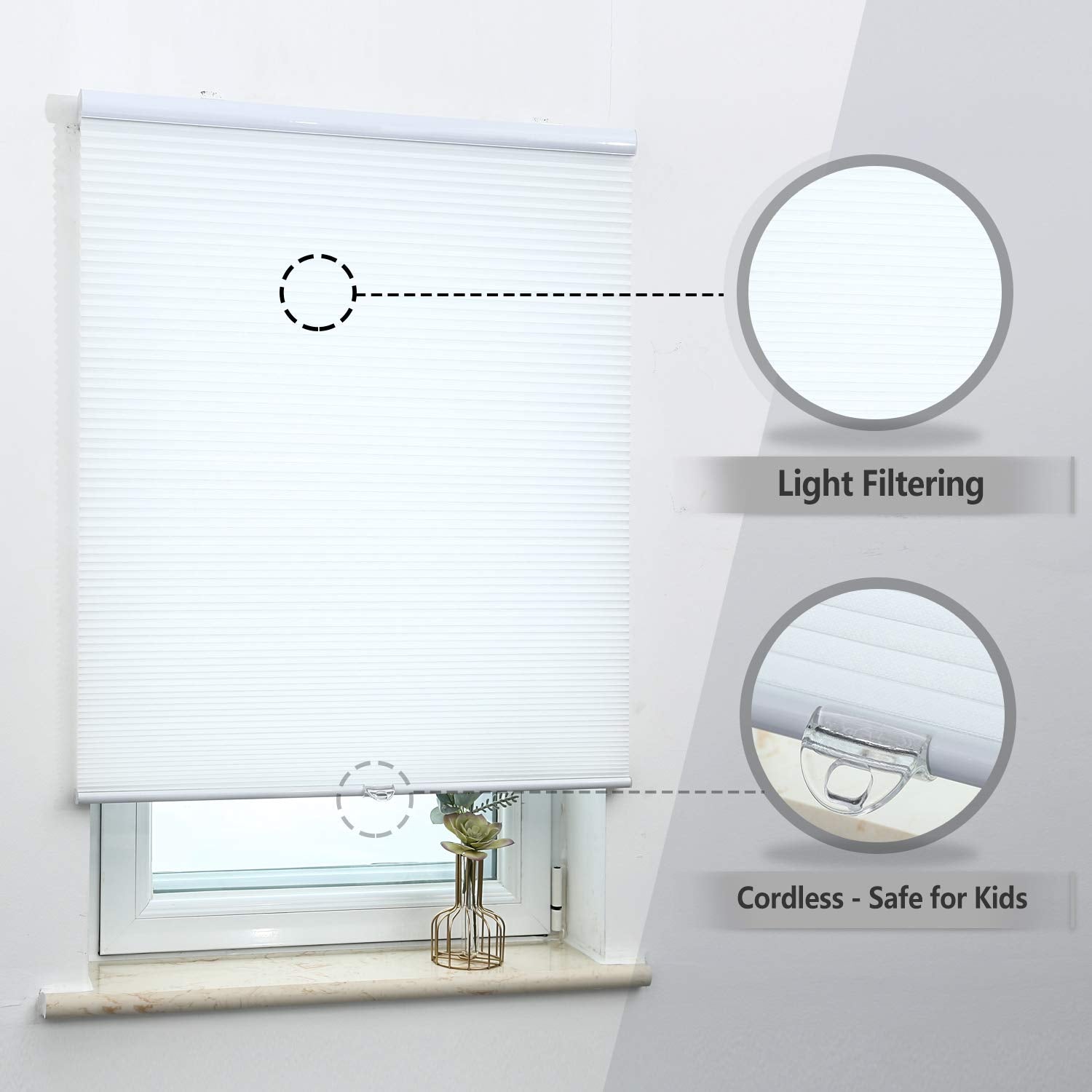 Honeycomb Cellular Shades Cordless Light Filtering For Windows Inside & Outside Mount, 34'' W X 36'' H, White(Light Filtering)