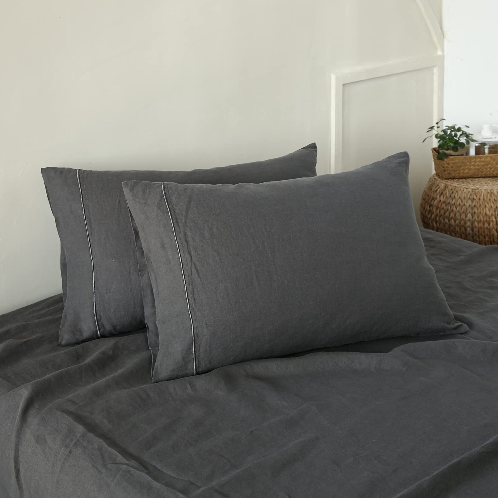 Simple&Opulence 100% Belgian Linen Pillowcase Embroidered-Set Of 2 Queen Size Stone Washed Solid Color-Soft And Durable (Dark Grey, 20''X30'')