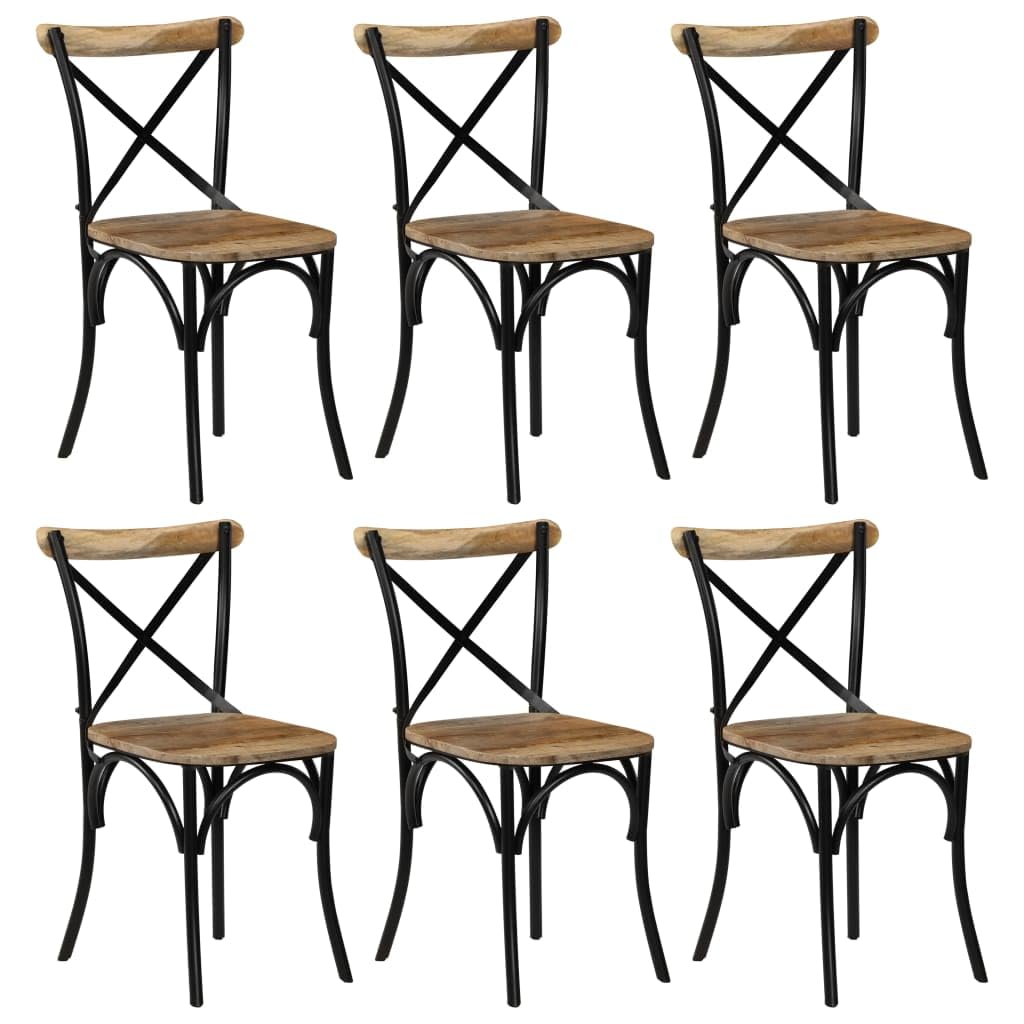 vidaXL Set of 6 Cross Chairs - Handmade Scandinavian Dining Chairs in Black Solid Mango Wood with Steel Frame, Retro Style with Open Back Design