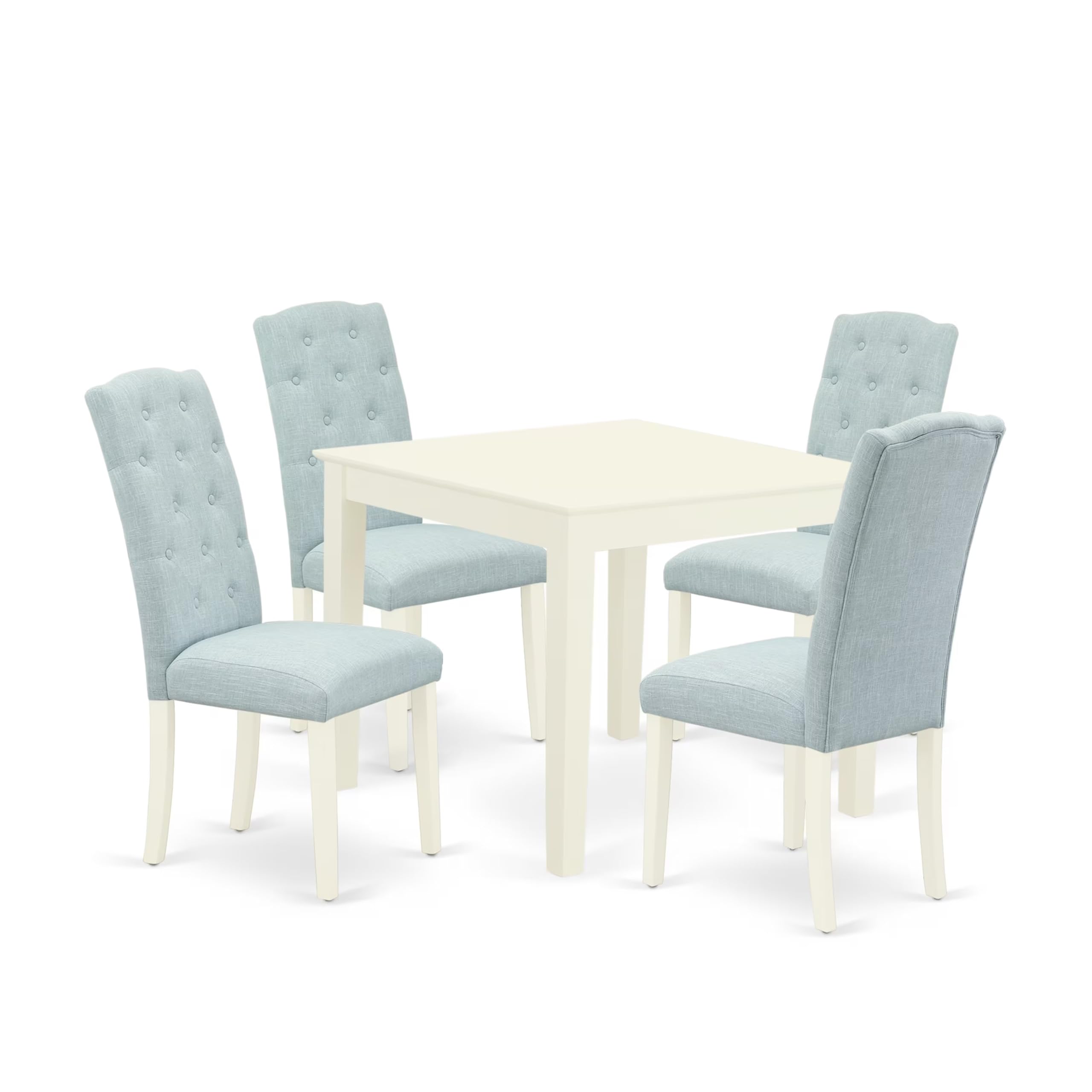 East West Furniture Oxce5-Lwh-15 5 Piece Dining Room Table Set Includes A Square Wooden Table And 4 Baby Blue Linen Fabric Upholstered Parson Chairs, 36X36 Inch, Linen White