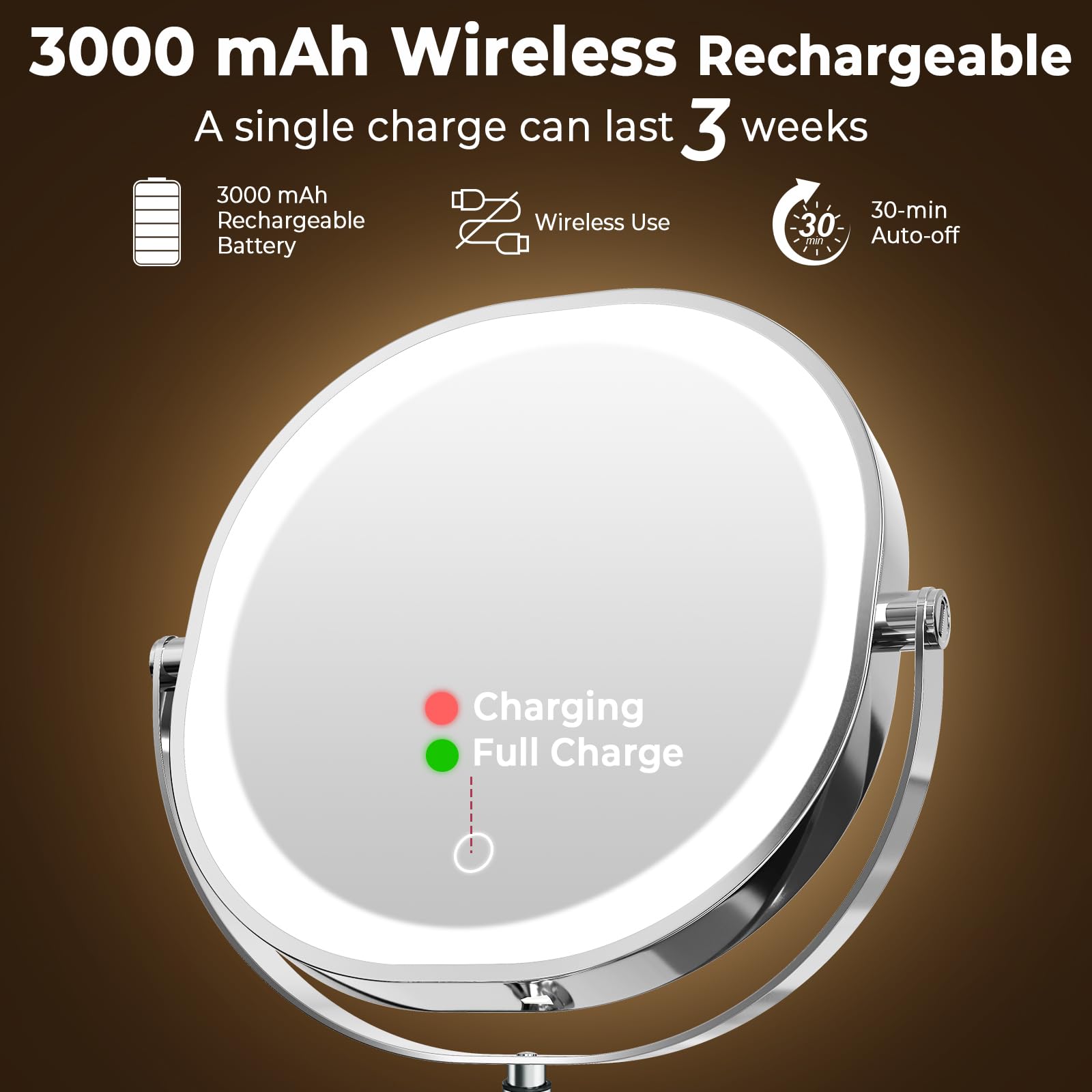 Conlwin 9' Wall Mounted Lighted Makeup Mirror, 3000Mah Rechargeable Double Sided 1X/10X Magnifying Mirror With Hook, 3 Color Li