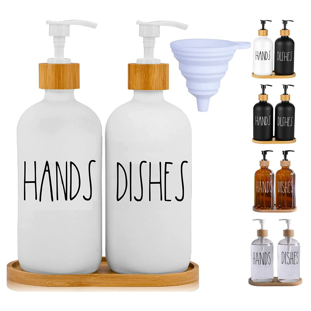 LOOCHICA Glass Soap Dispenser Set with Tray, Contains Glass Hand Soap Dispenser and Glass Dish Soap Dispenser. Matte White soap 