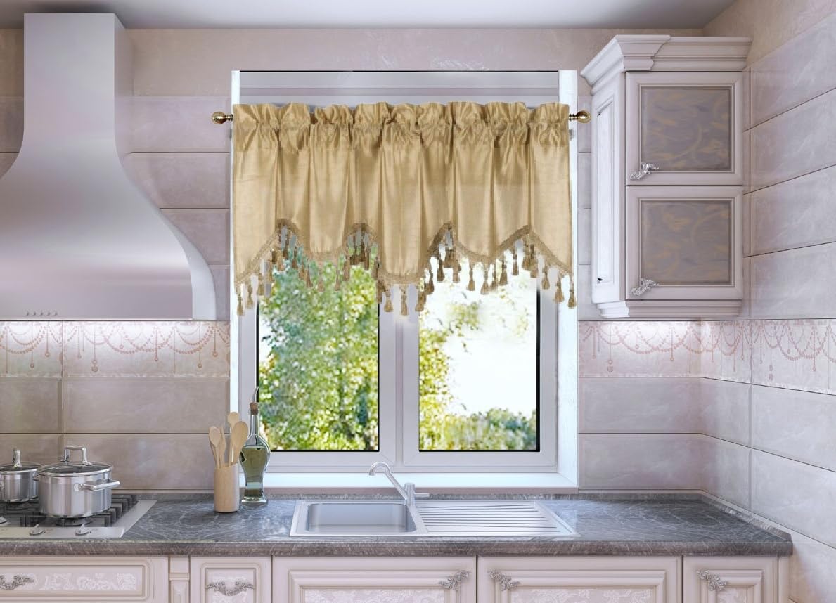Solid Faux Silk Swag Waterfall Cascade Ascot Window Curtain Valance W/Tassels Trim 55' X18' Wave (1, Gold)