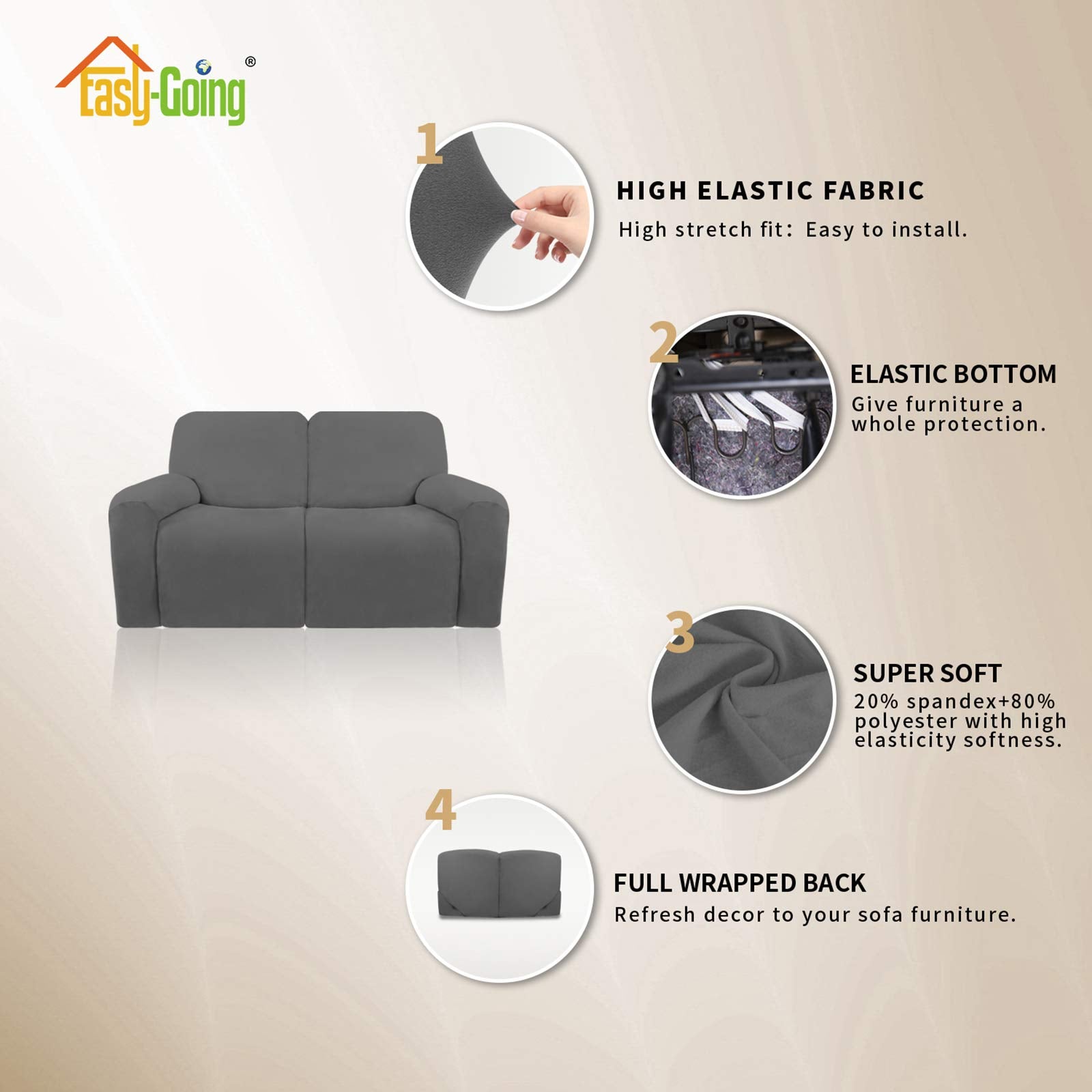 Easy-Going 6 Pieces Microfiber Stretch Sectional Recliner Sofa Slipcover Soft Fitted Fleece 2 Seats Couch Cover Washable Furniture Protector With Elasticity For Kids( Recliner Loveseat, Gray)