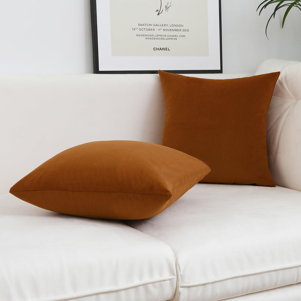 Jeneoo Set Of 2 Decorative Rust Throw Pillow Covers Soft Velvet Comfy Solid Couch Cushion Cover Decor (Dark Orange,18 X 18 Inche