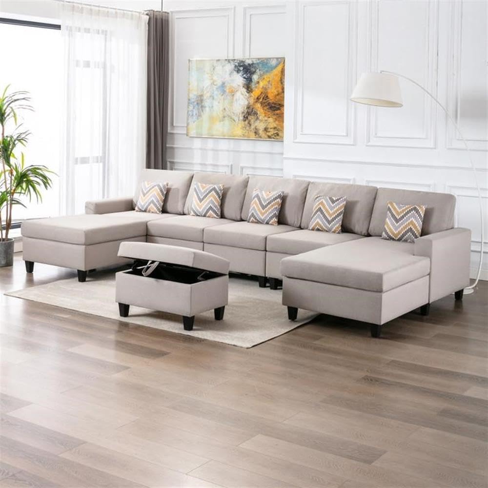 Lilola Home Nolan Beige Linen Fabric 6Pc Double Chaise Sectional Sofa - Thumbnail 3