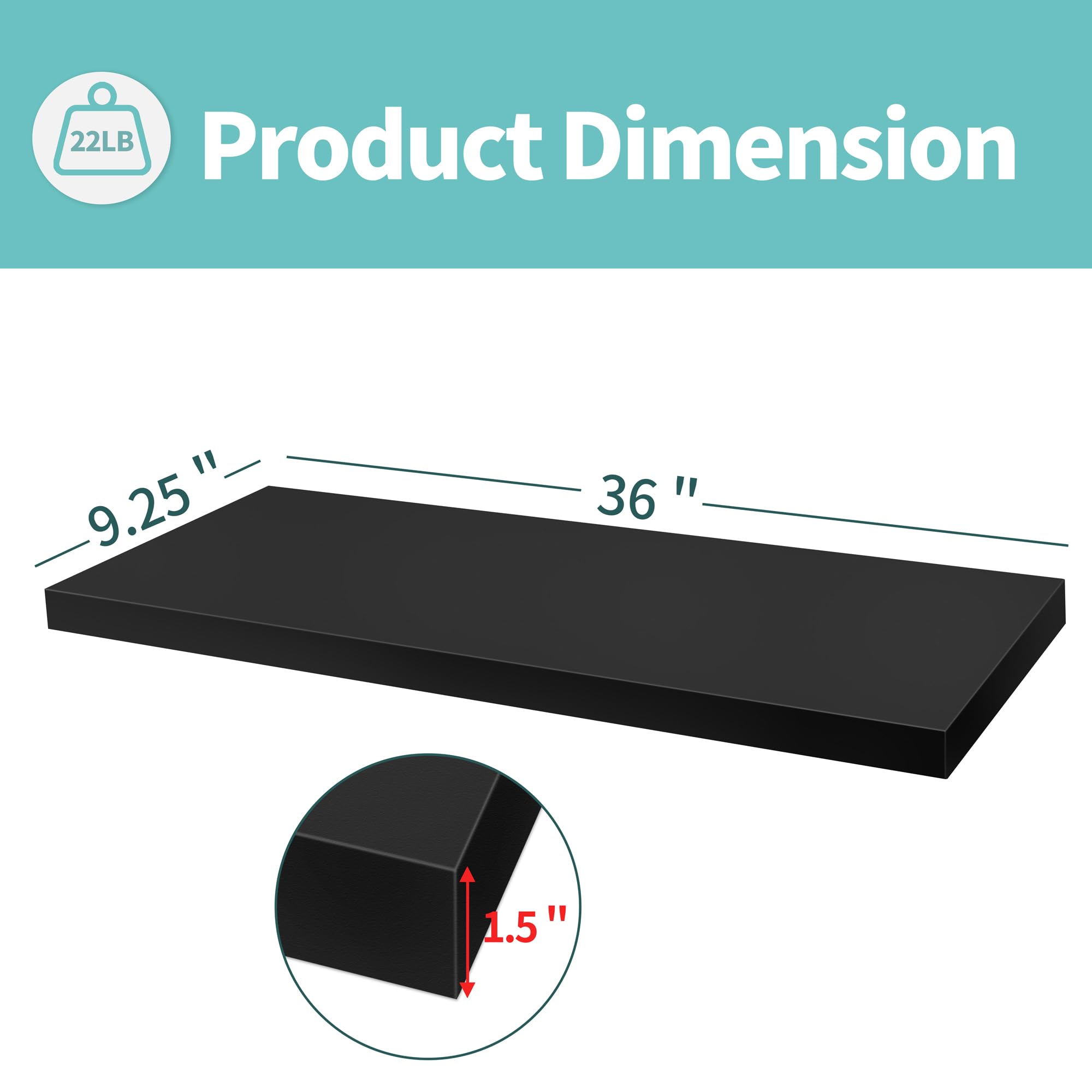 Lavie Home Floating Shelves, 36 Inch Wall Shelf Set Of 2, Hanging Shelf With Invisible Brackets, Wall Decor For Bathroom, Bedroom, Living Room, Kitchen Storage, Classic Black