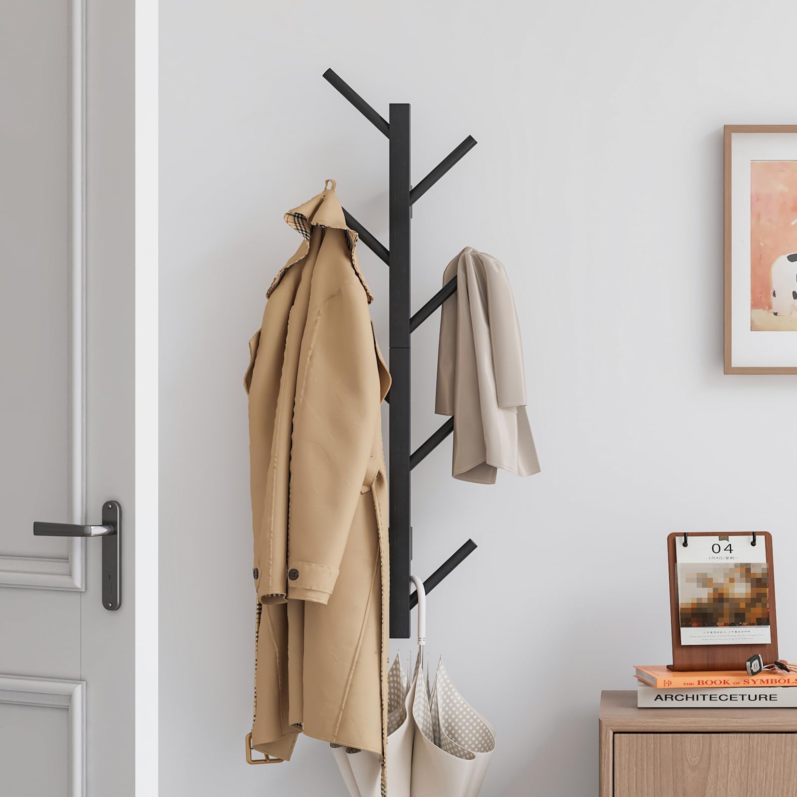 Furshus Coat Rack Wall Mount,Bamboo Vertical Hat Rack for Wall,Wall Coat Tree,Coat Hanger,Floating Coat Rack for Hats,Jackets,Ba