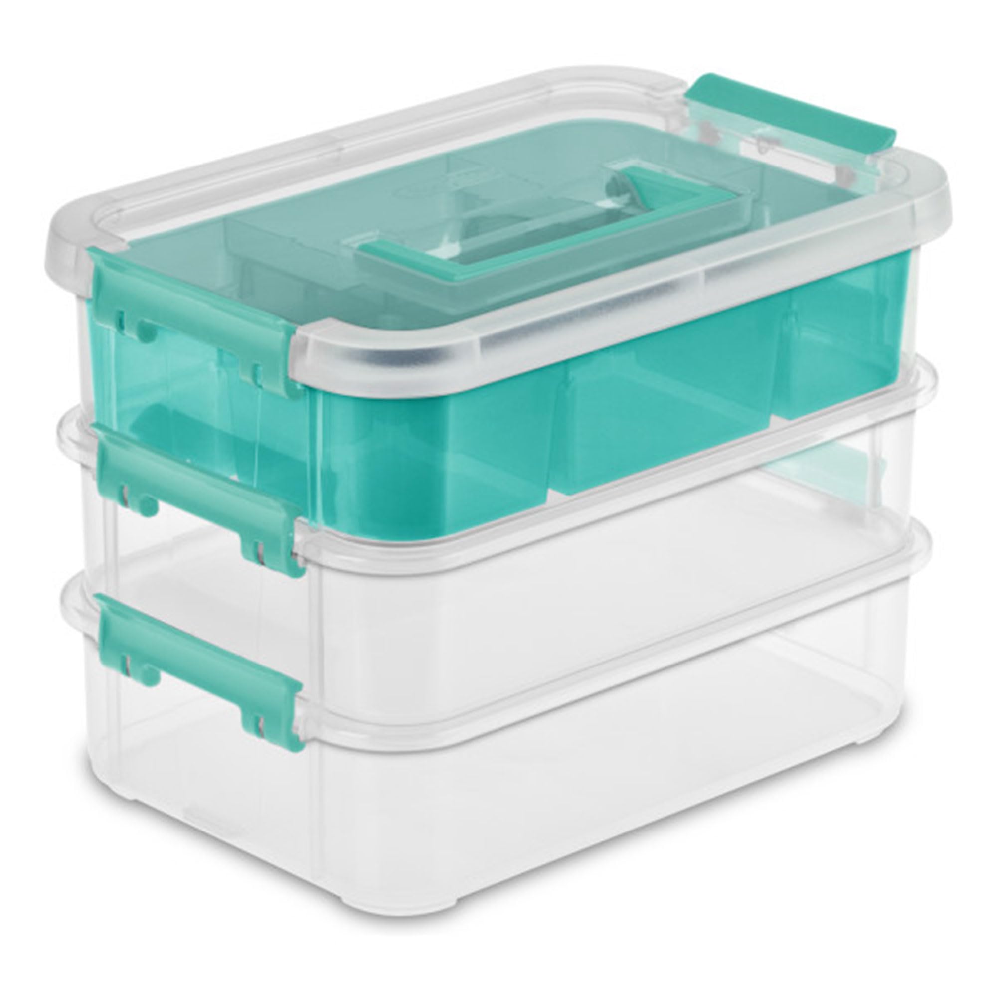 Sterilite Stack and Carry 3 Layer Handle Box and Tray, Plastic Small Storage Container with Latch Lid, Organize Crafts, Clear wi