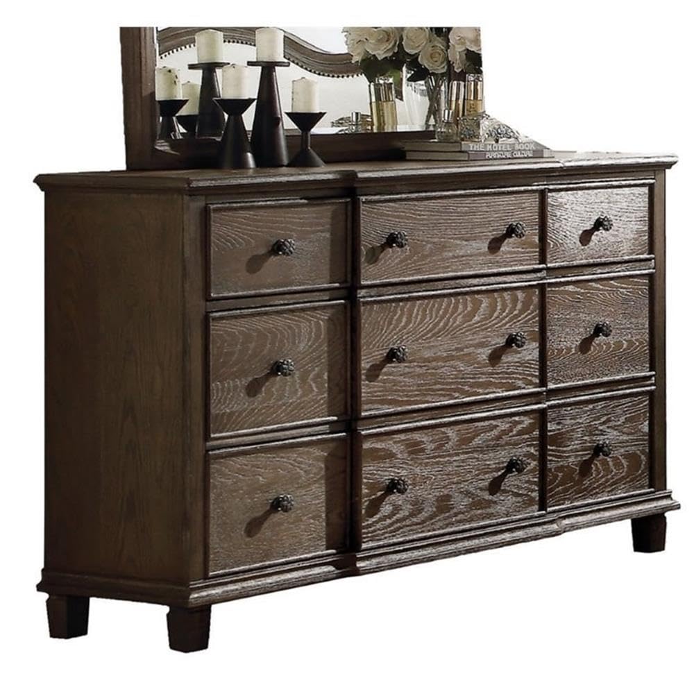 Acme Baudouin 9 Drawer Wooden Dresser In Weathered Oak