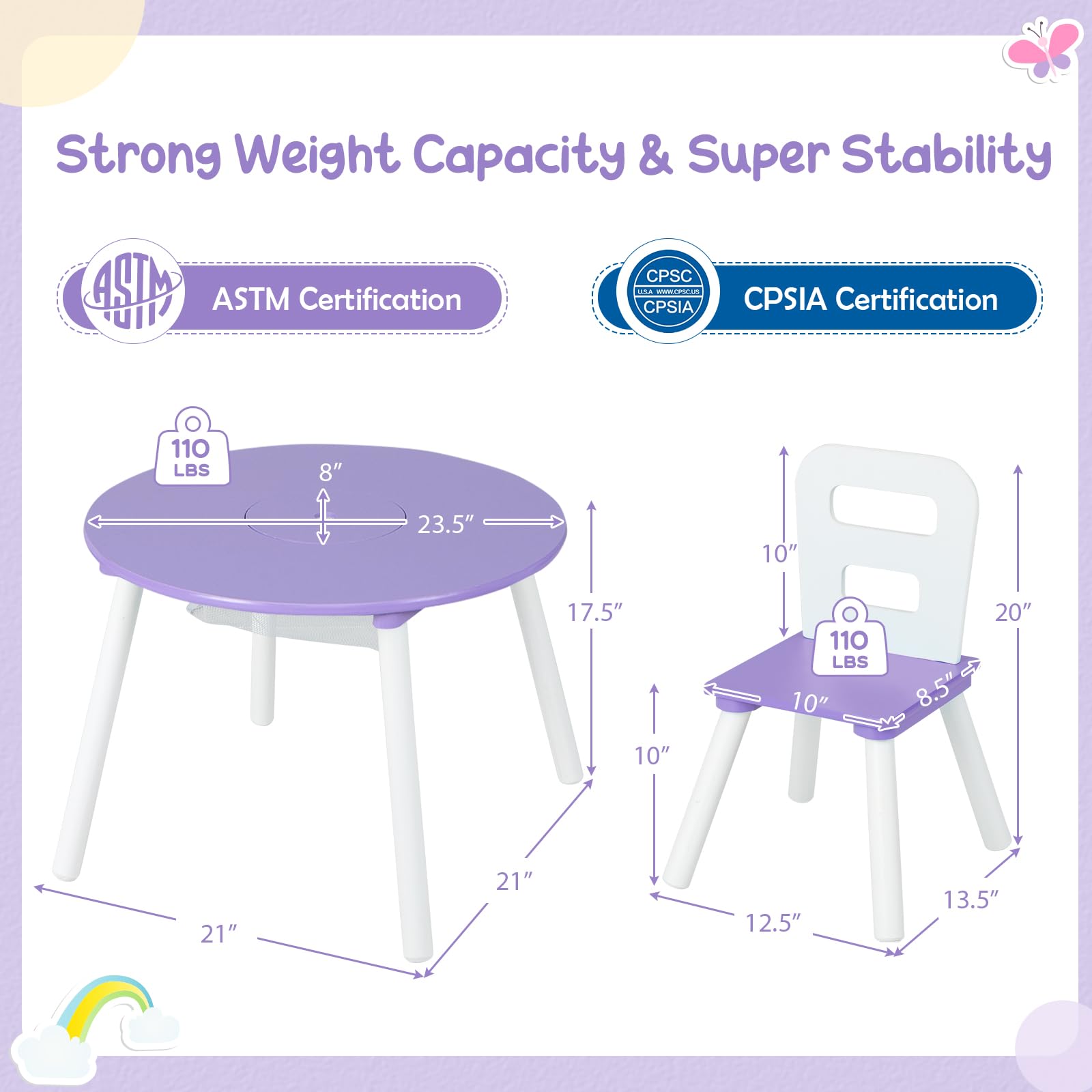 Honey Joy Kids Table And Chair Set, Wooden Children Activity Table And 2 Chairs For Art & Craft, Storage Mesh Basket, 3-Piece Toddler Furniture Set For Daycare & Playroom, Gift For Boys Girls (Purple)