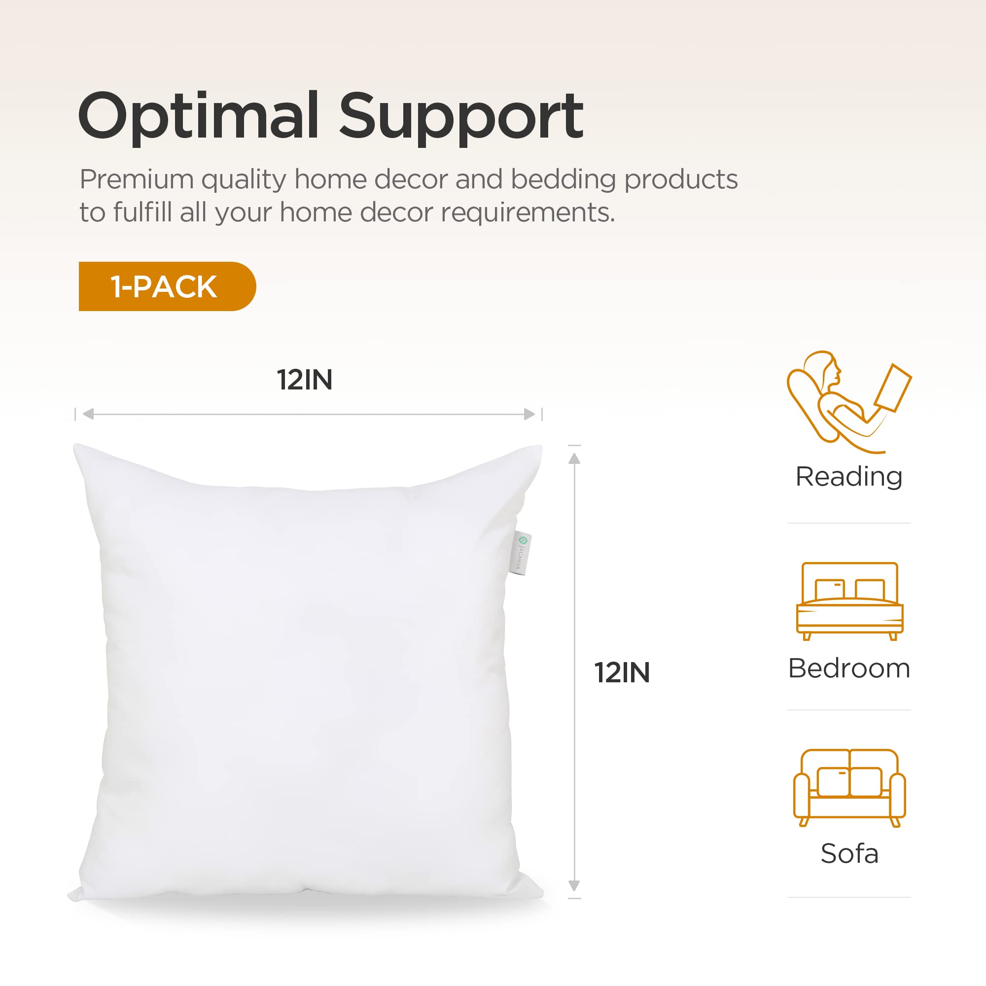 Acanva Throw Pillow Insert Premium Stuffer Sham Square Form For Decorative Cushion Bed Couch Sofa Chair, 12X12(1 Count), White