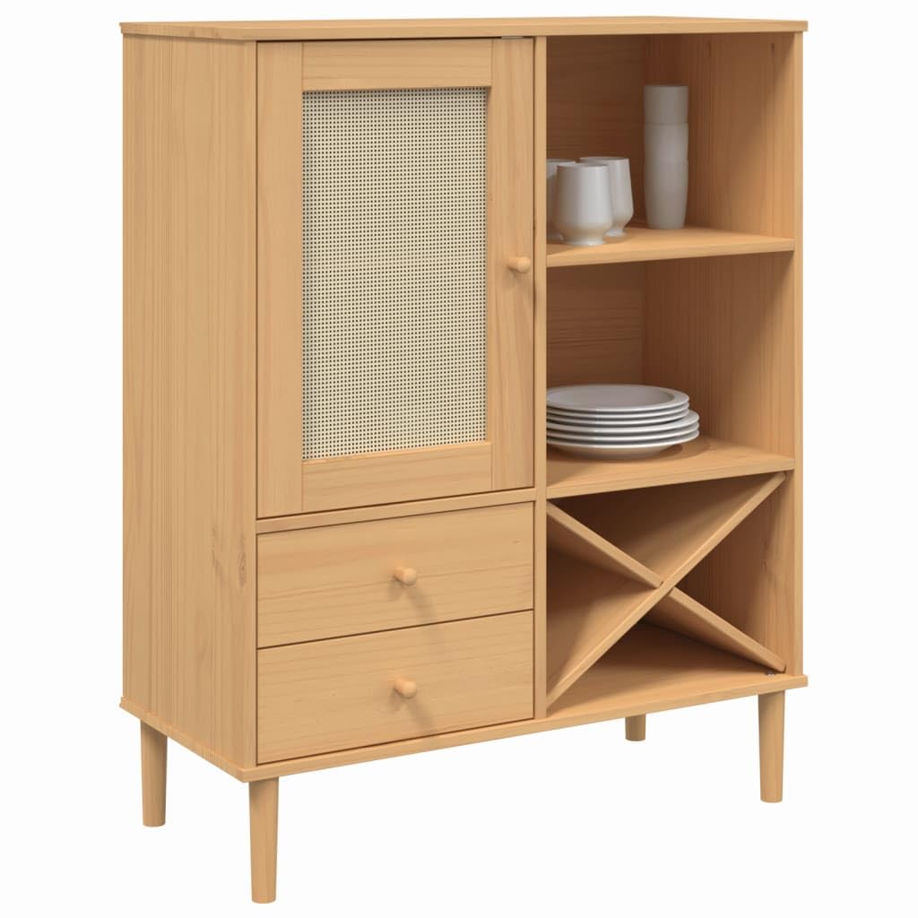 vidaXL Solid Wood Pine Highboard with Rattan Look Door Surface - SENJA Range - Brown - Spacious Storage with Drawers and Compartments