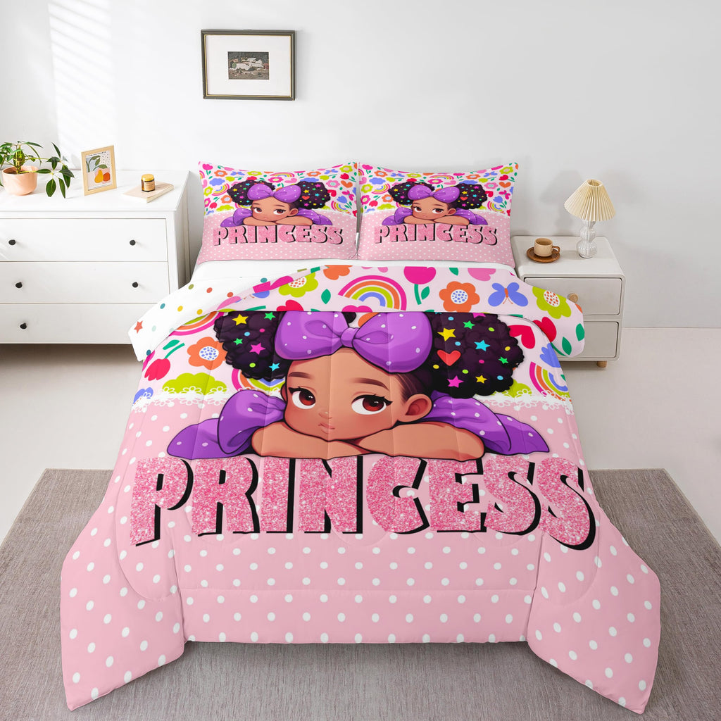 Castle Fairy African American Black Girl Comforter Set Twin Size,Pink Black Princess Girls Bedding Set,Cute Glitter Kids Quilt S