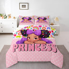 Castle Fairy African American Black Girl Comforter Set Twin Size,Pink Black Princess Girls Bedding Set,Cute Glitter Kids Quilt S