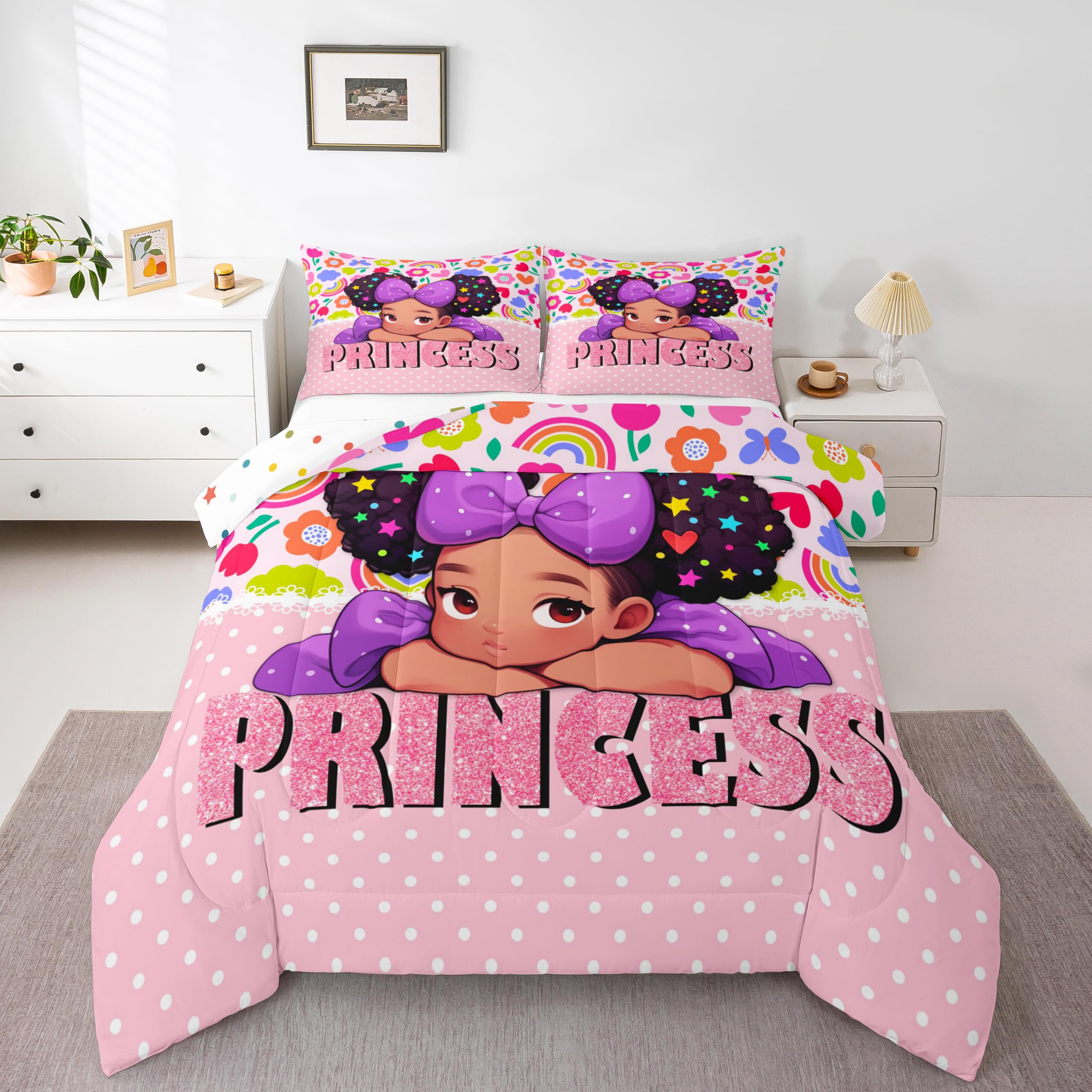Castle Fairy African American Black Girl Comforter Set Twin Size,Pink Black Princess Girls Bedding Set,Cute Glitter Kids Quilt S