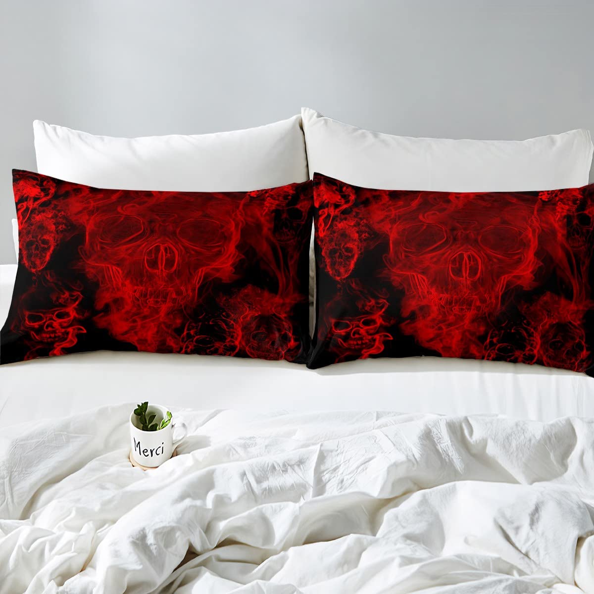 Gothic Skull Bedding Set Red And Black Skeleton Comforter Set Full For Kids Boys Teen Men,Psychedelic Goth Skull Quilted Duvet T