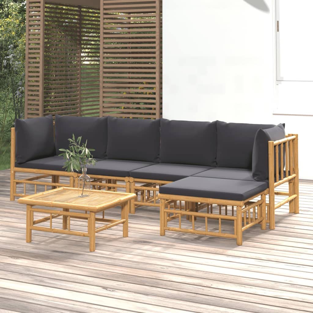 vidaXL Outdoor Bamboo Patio Lounge Set, 6-Piece with Comfortable Dark Gray Cushions, Versatile Modular Design, Ideal for Garden, Patio & Poolside