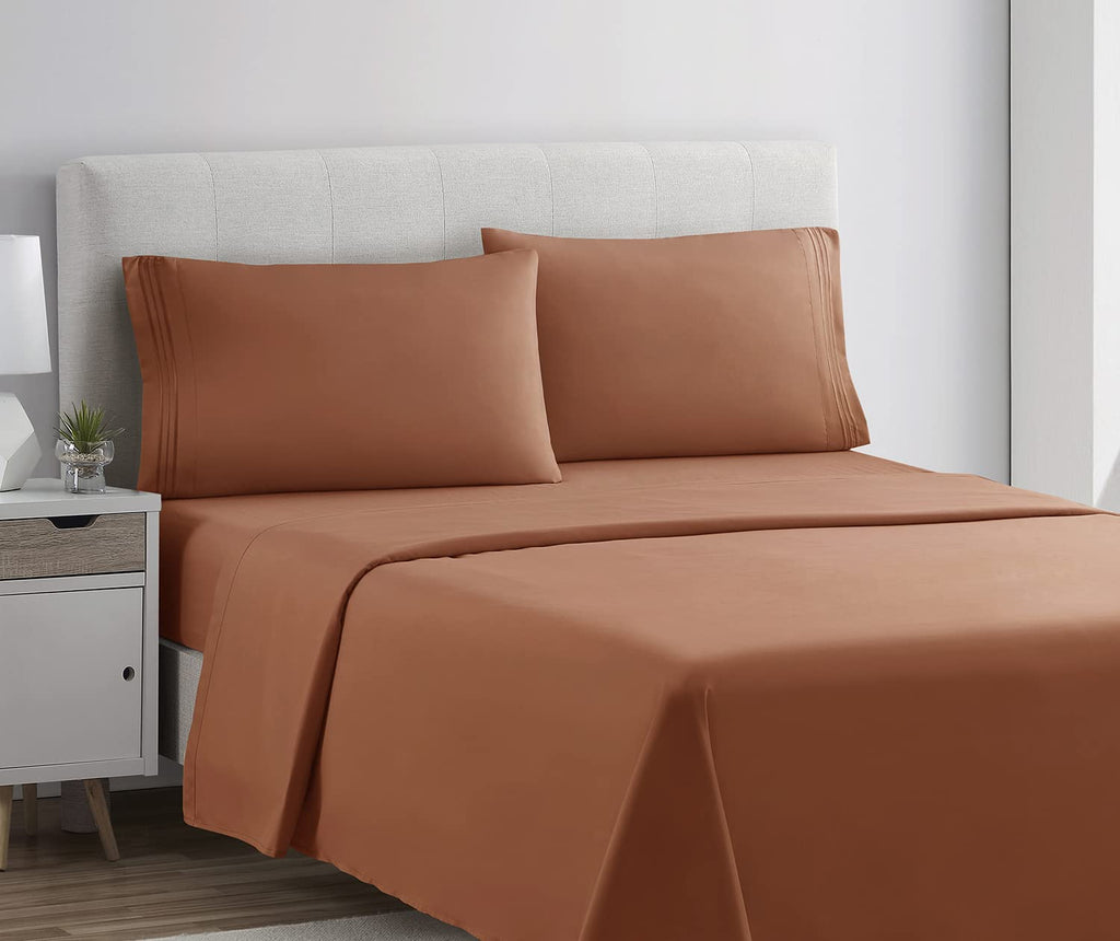 Clara Clark Bed Sheets, Premier 1800 Series 4 Piece Bed Sheet Set, Deep Pocket, Wrinkle, Fade, Stain Resistant, Luxury Soft Bedding Sheets & Pillowcases, Twin, Burnt Sienna