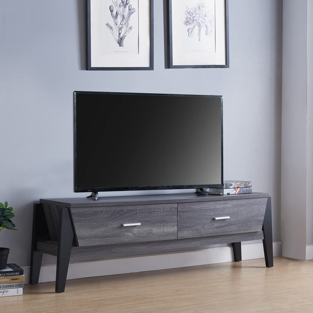 HomeRoots Distressed Grey & Black Particle Board/MDF Contemporary Distressed Gray and Black TV Stand