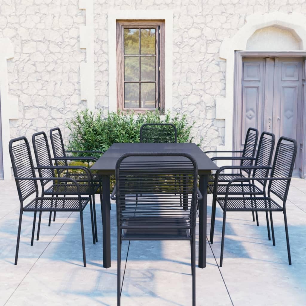 vidaXL Retro Patio Dining Set - 7 Piece Set with Powder-Coated Steel, Glass, and Cotton Rope Materials - Black - Includes 1 Table and 6 Chairs