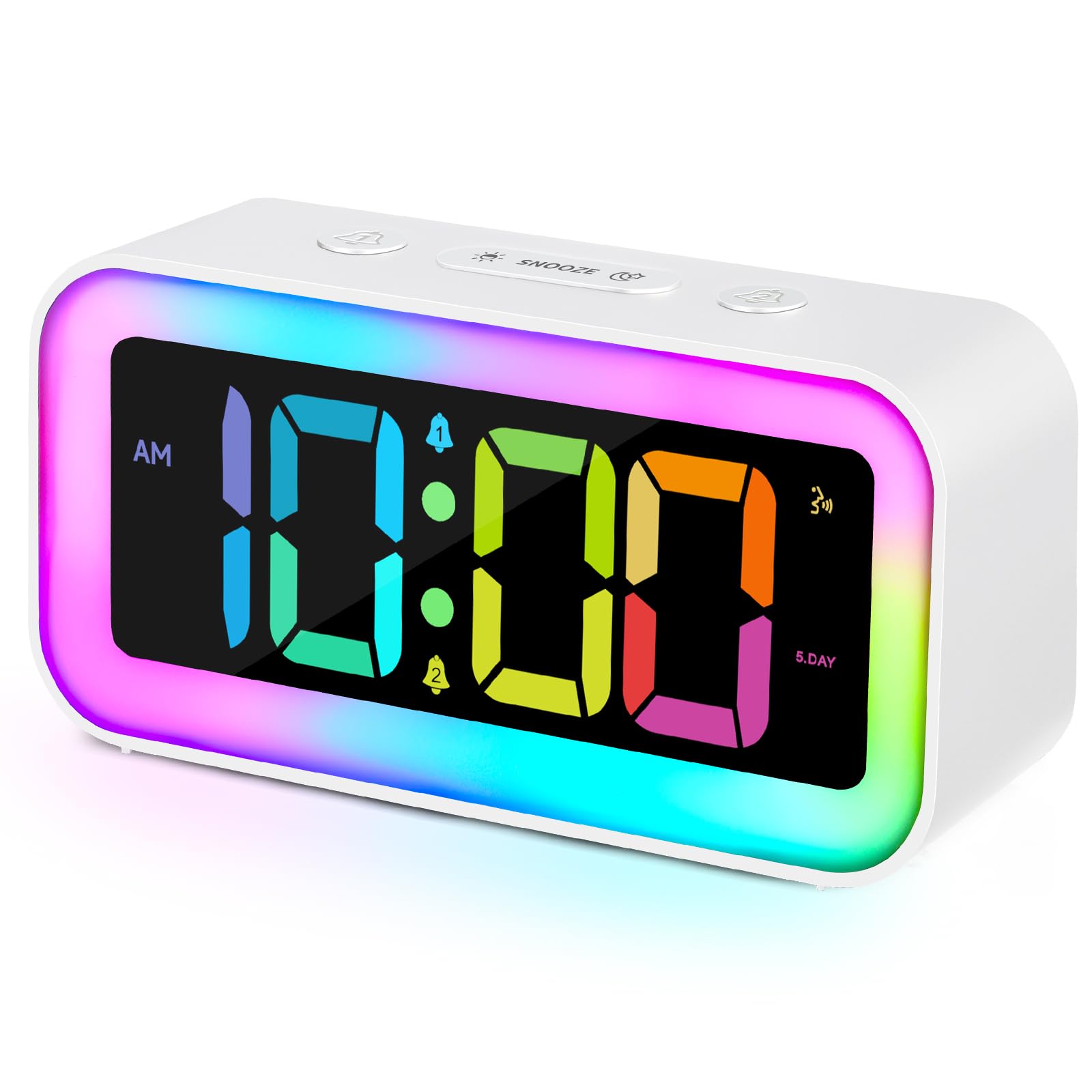 Cadmos Loud Alarm Clock for Bedrooms with Dynamic RGB Night Light,Heavy Sleepers Adults,Dual Alarm,Dimmer,USB Charger,Small Beds