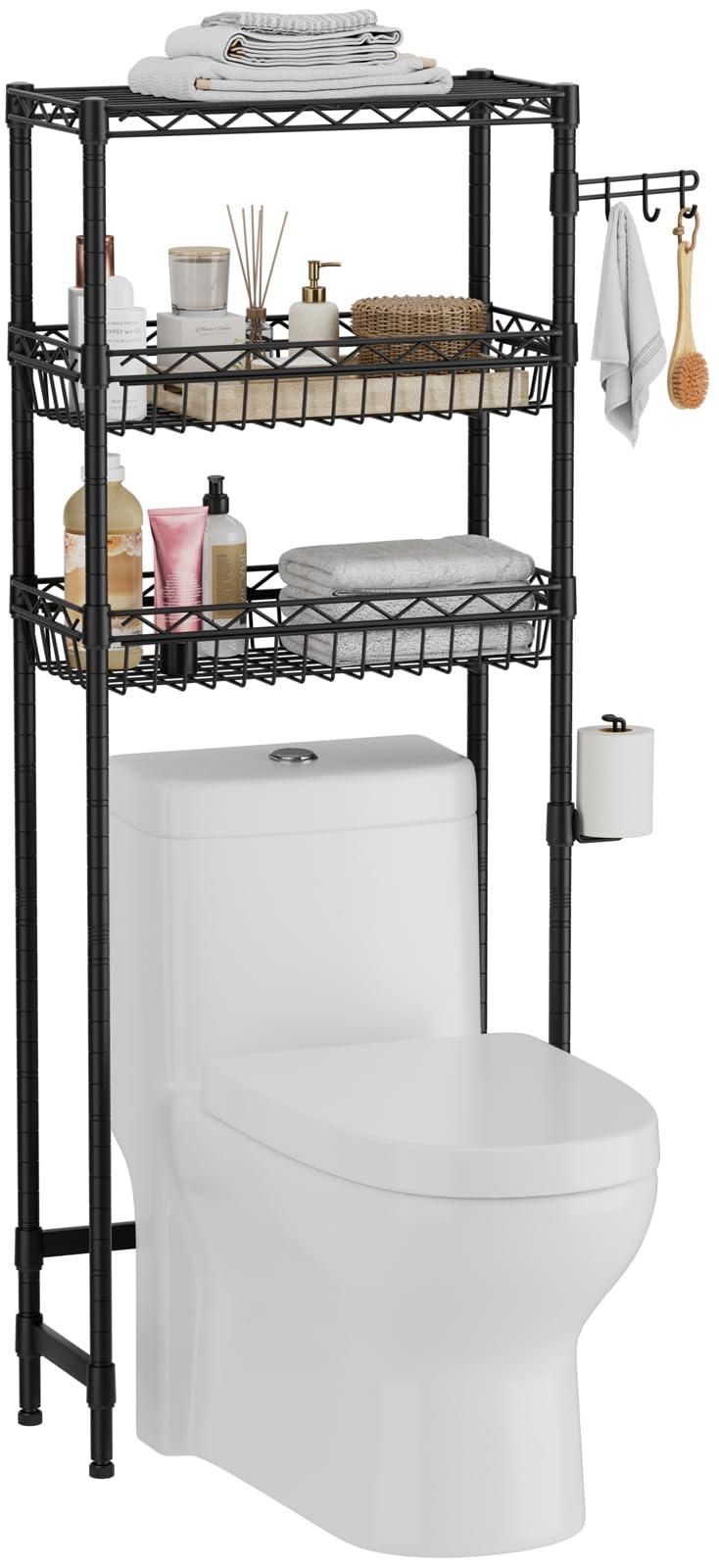Golpart 3-Tier Over-The-Toilet Storage Shelf,Heavy-Duty Adjustable Bathroom Rack with 2 Mesh Baskets,Toilet Paper Holder & Hooks