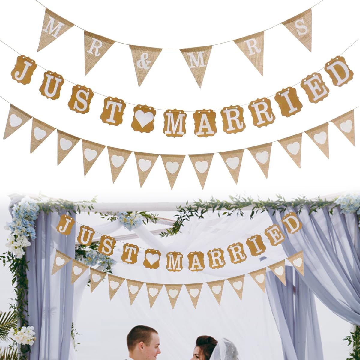 PATPAT 3Pcs Triangle Burlap Wedding Banner Kit for Birthday Decoration, Decoration for Weddings, Party Decoration, Engagement, B