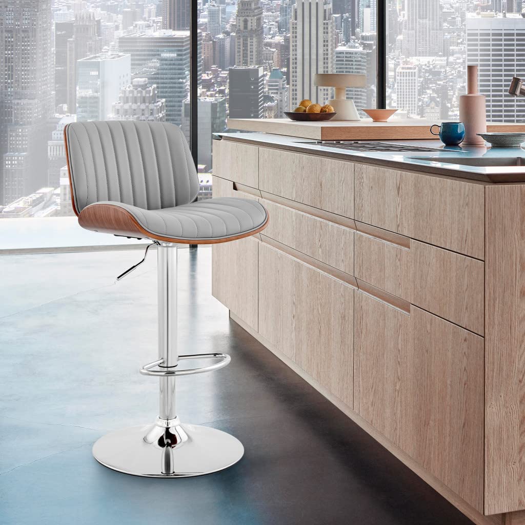 HomeRoots Metal/Plywood/Faux Leather Adjustable Gray Faux Leather Chrome and Walnut Bar Stool