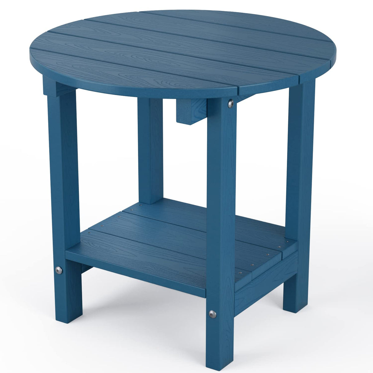 Mximu Round Outdoor Side Table Adirondack Tables 18 Inch Chairside End Tables With Storage Shelf, 2-Tier Plastic Patio Side Table For Balcony Backyard Lawn (Navy, 1 Pack)