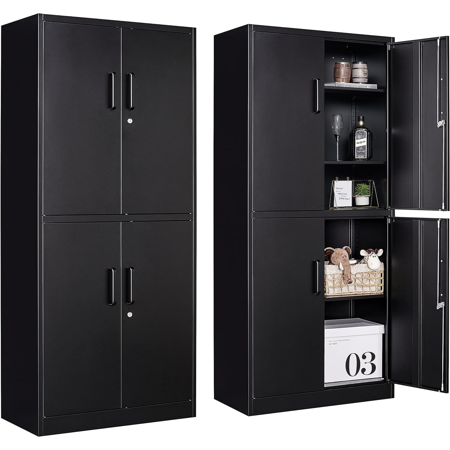 Metal Storage Cabinet With 3 Adjustable Shelves,Garage Storage Cabinet With Lock,Black Metal Cabinet With Locking Doors,Steel Pantry Cabinet 4 Doors,71' Lockable Storage Cabinet For Garage,Home,Office