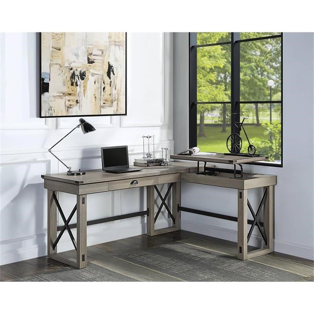 Acme Talmar Wooden L-Shaped 1-Drawer Writing Desk with Lift Top in Rustic Oak