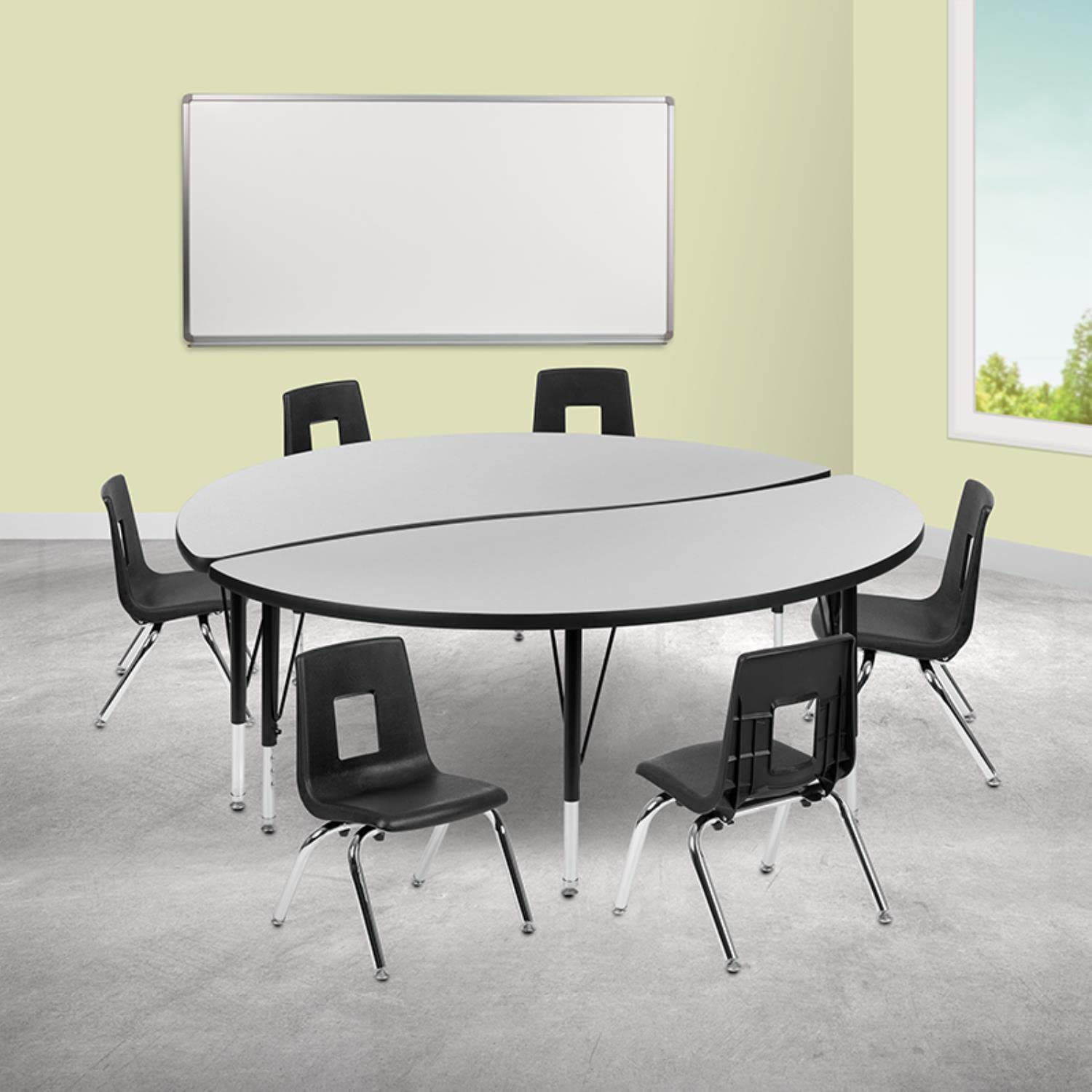 Flash Furniture Emmy 60" Circle Wave Flexible Laminate Activity Table Set with 12" Student Stack Chairs, Oak/Black