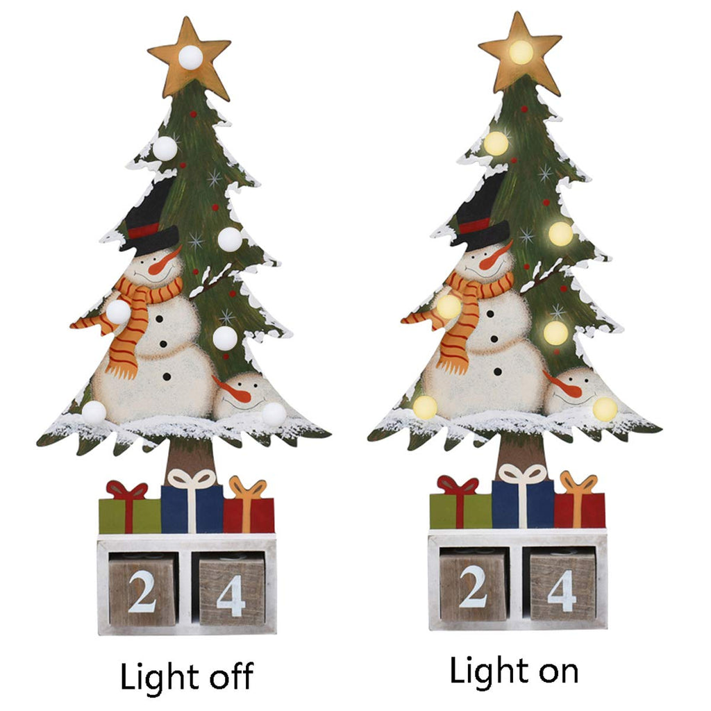E-View Christmas Advent Calendar Wooden Xmas Tree Tabletop Decor With Lights, Rustic Countdown With Number Blocks Wood Santa Sno