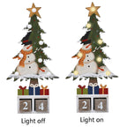 E-View Christmas Advent Calendar Wooden Xmas Tree Tabletop Decor With Lights, Rustic Countdown With Number Blocks Wood Santa Sno